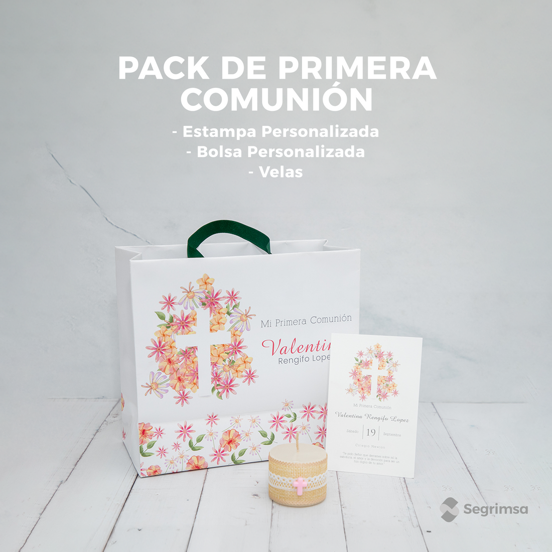 Pack Primera Comunión: Estampas + bolsa personalizada + velas