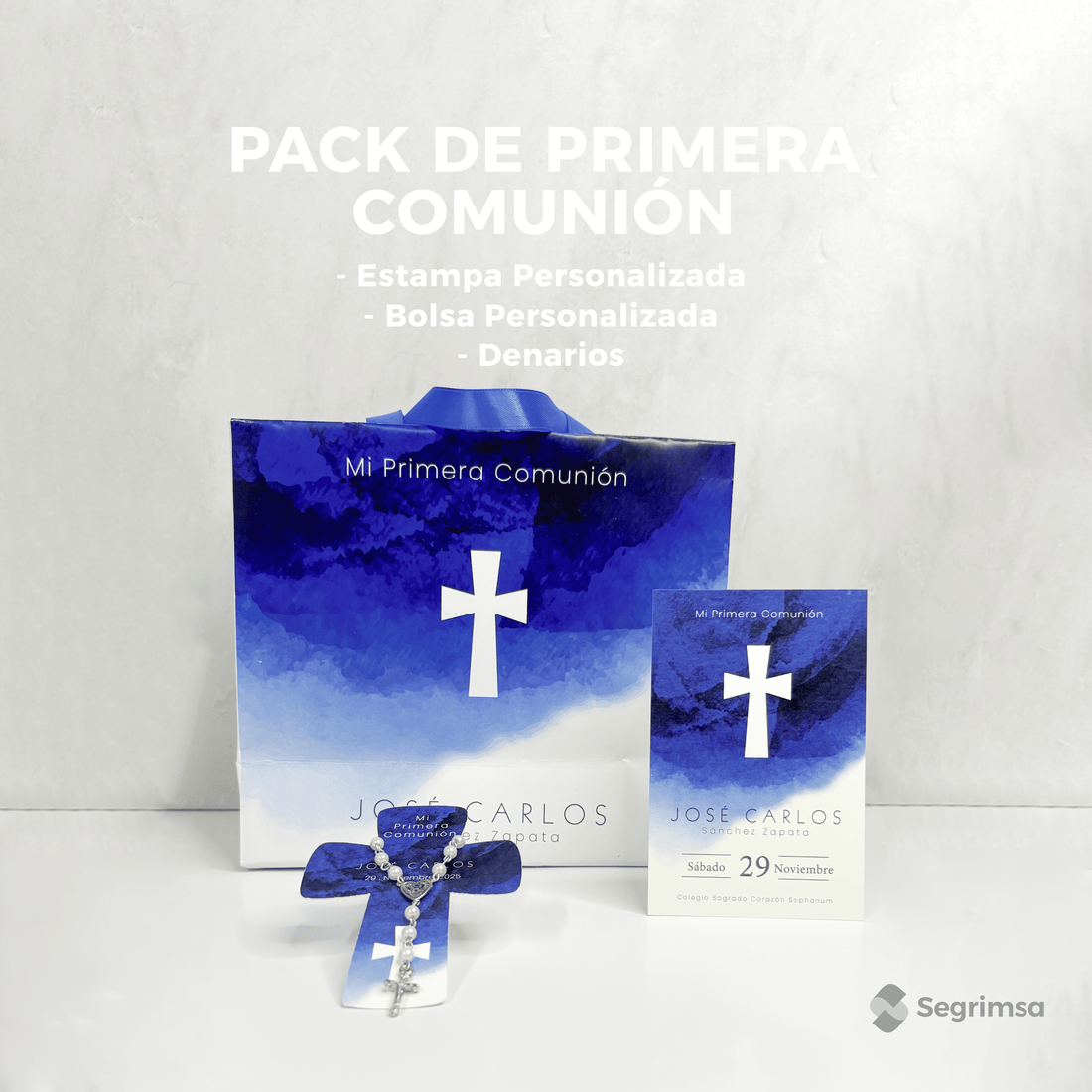 Pack Primera Comunión: Estampas + bolsa personalizada + denarios