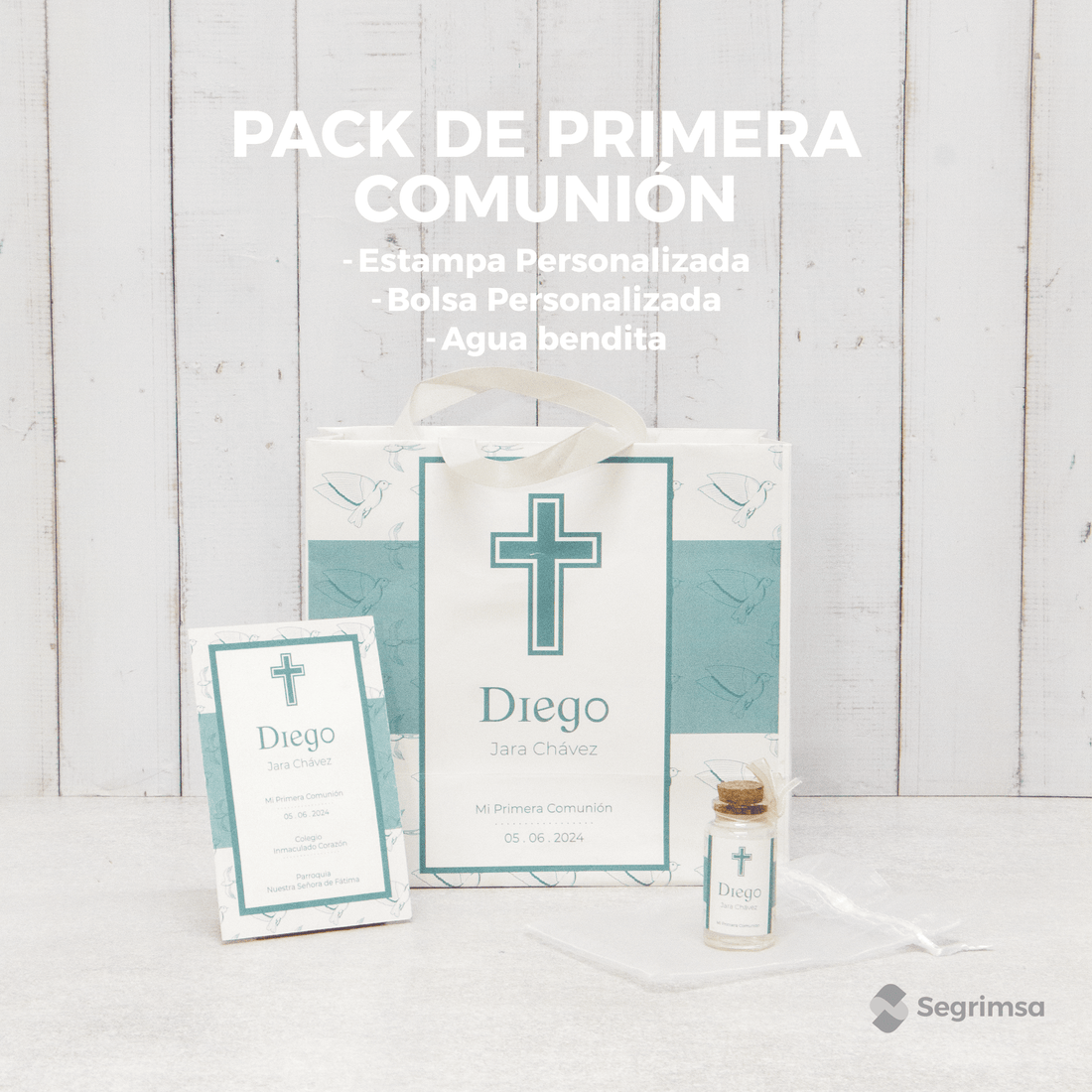 Pack Primera Comunión: Estampas + bolsa personalizada + agua bendita