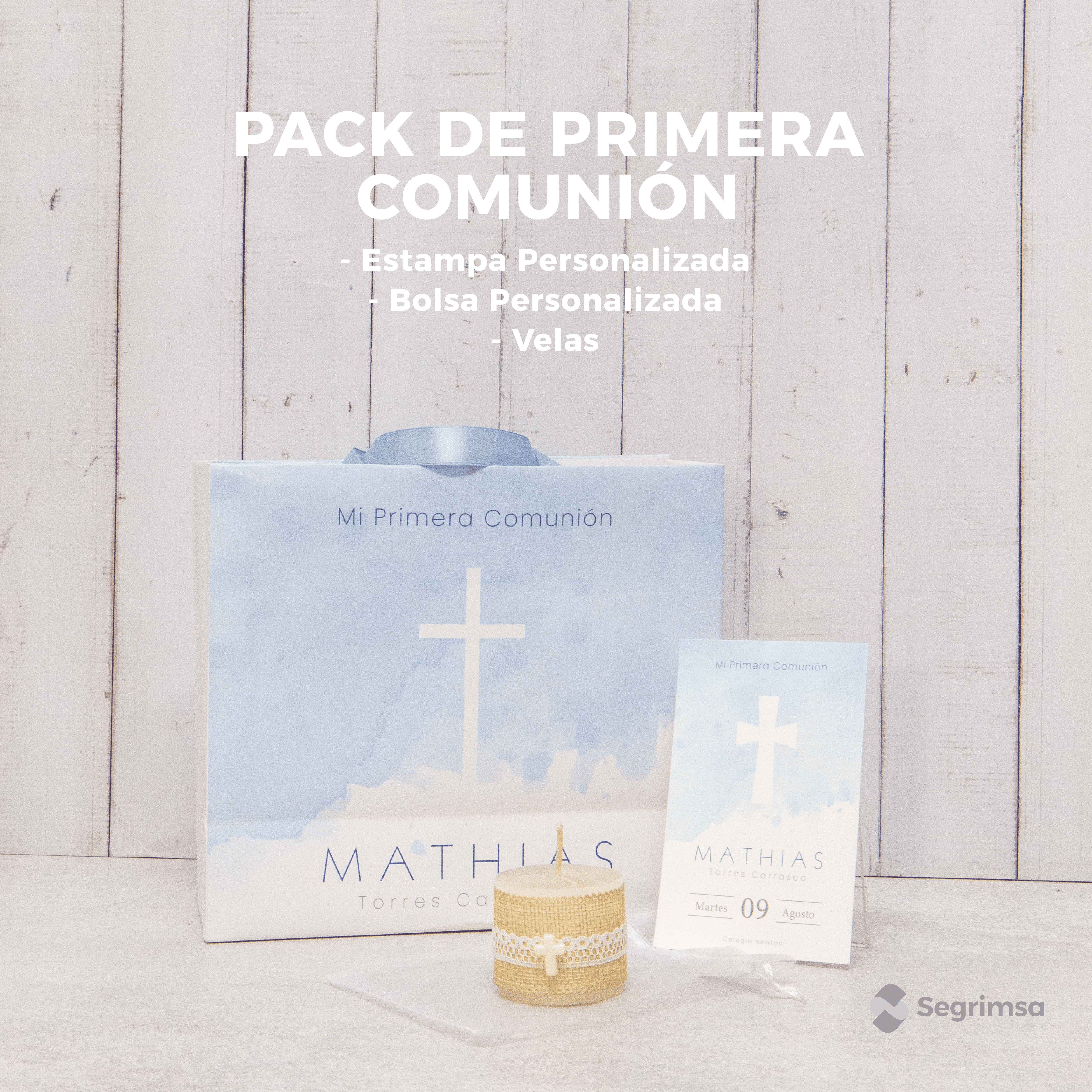 Pack Primera Comunión: Estampas + bolsa personalizada + velas