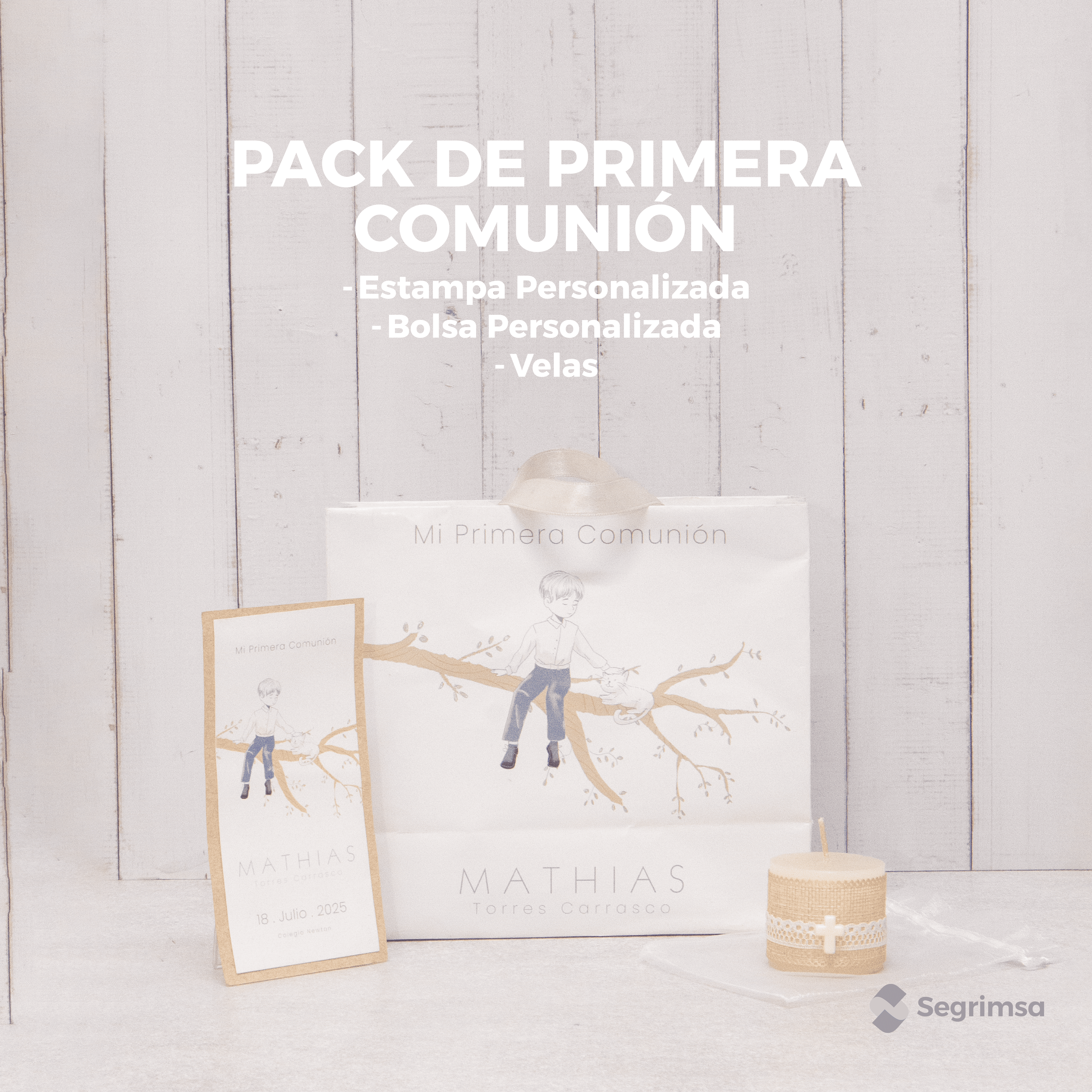 Pack Primera Comunión: Estampas + bolsa personalizada + velas