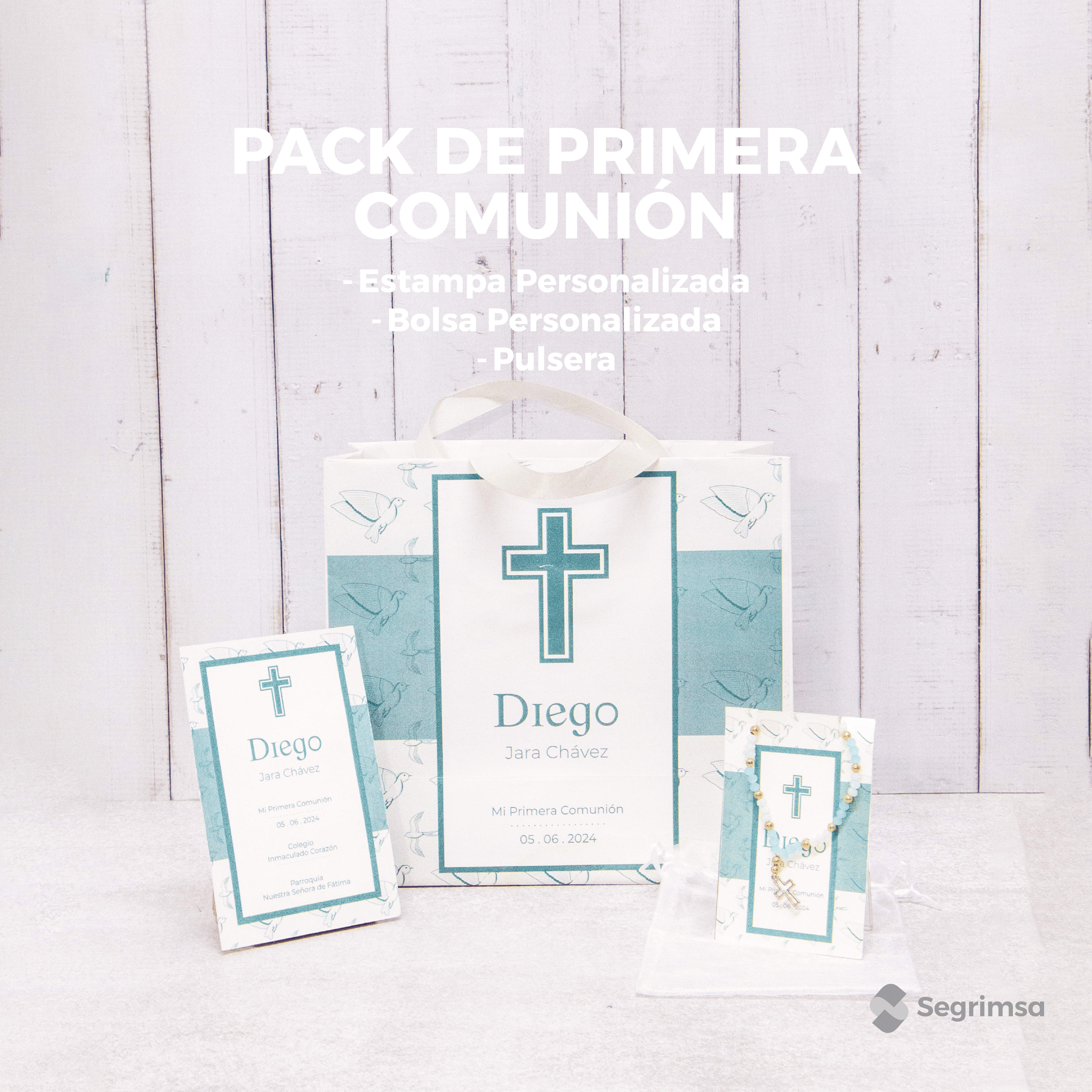 Pack Primera Comunión: Estampas + bolsa personalizada + pulseras