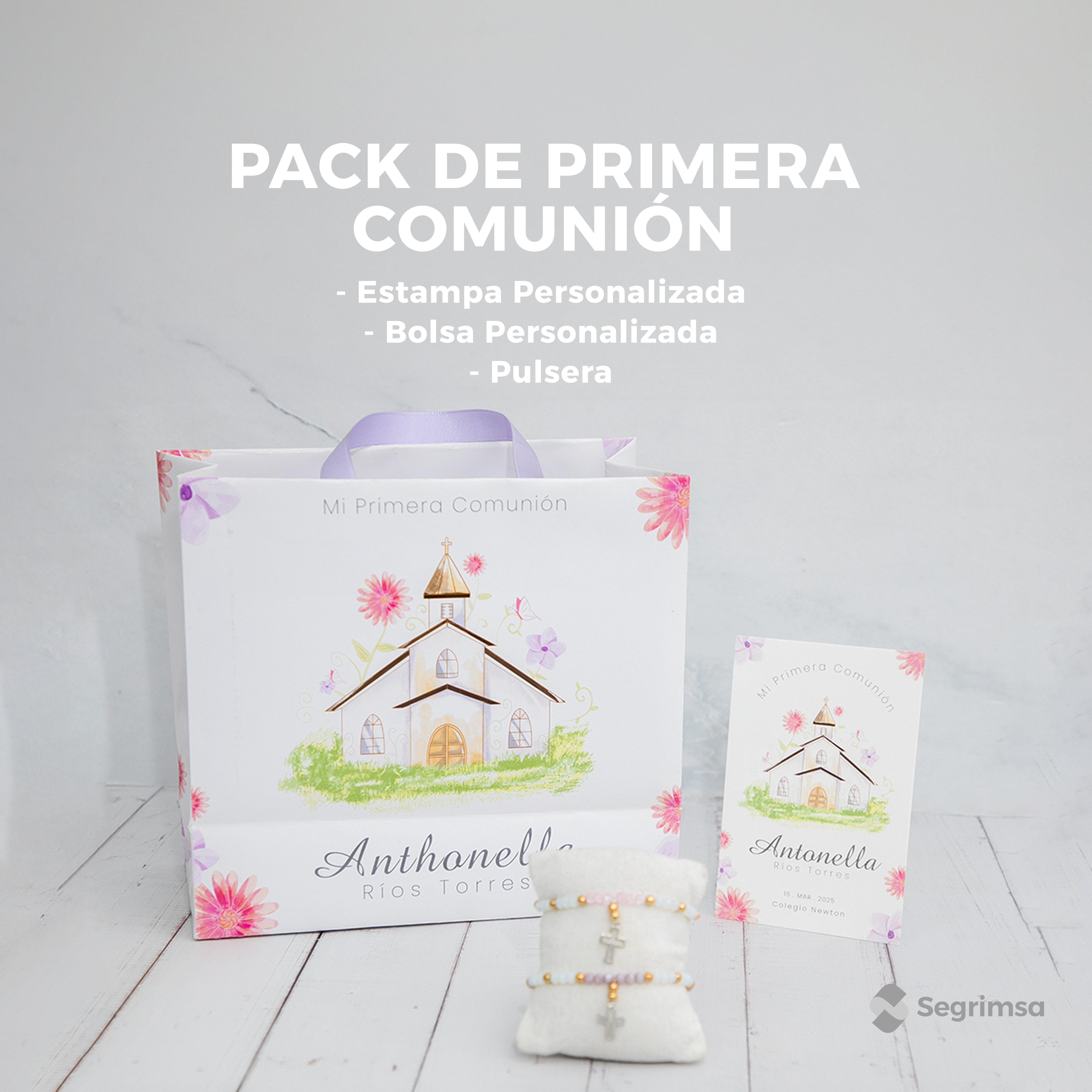 Pack Primera Comunión: Estampas + bolsa personalizada + pulseras
