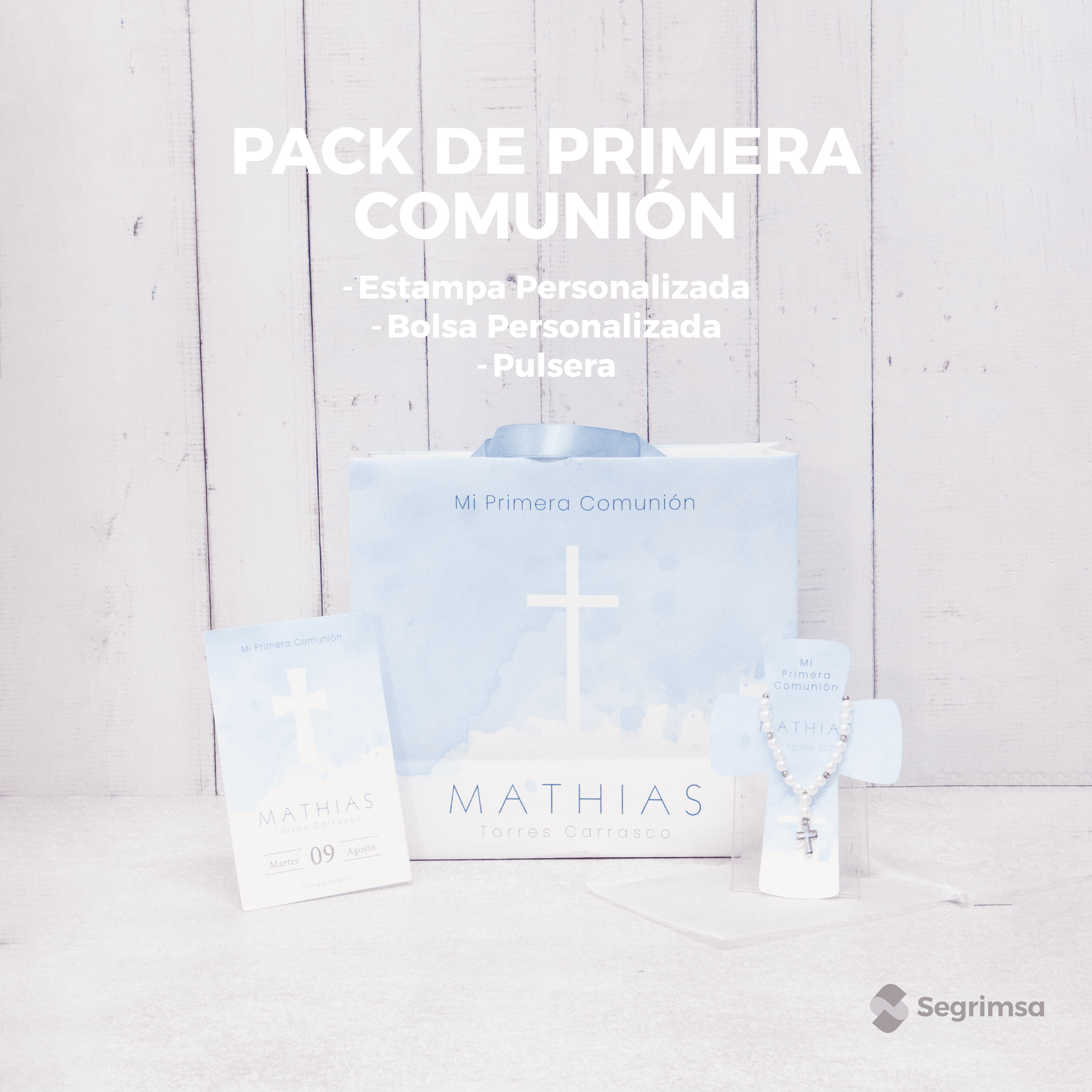 Pack Primera Comunión: Estampas + bolsa personalizada + pulseras