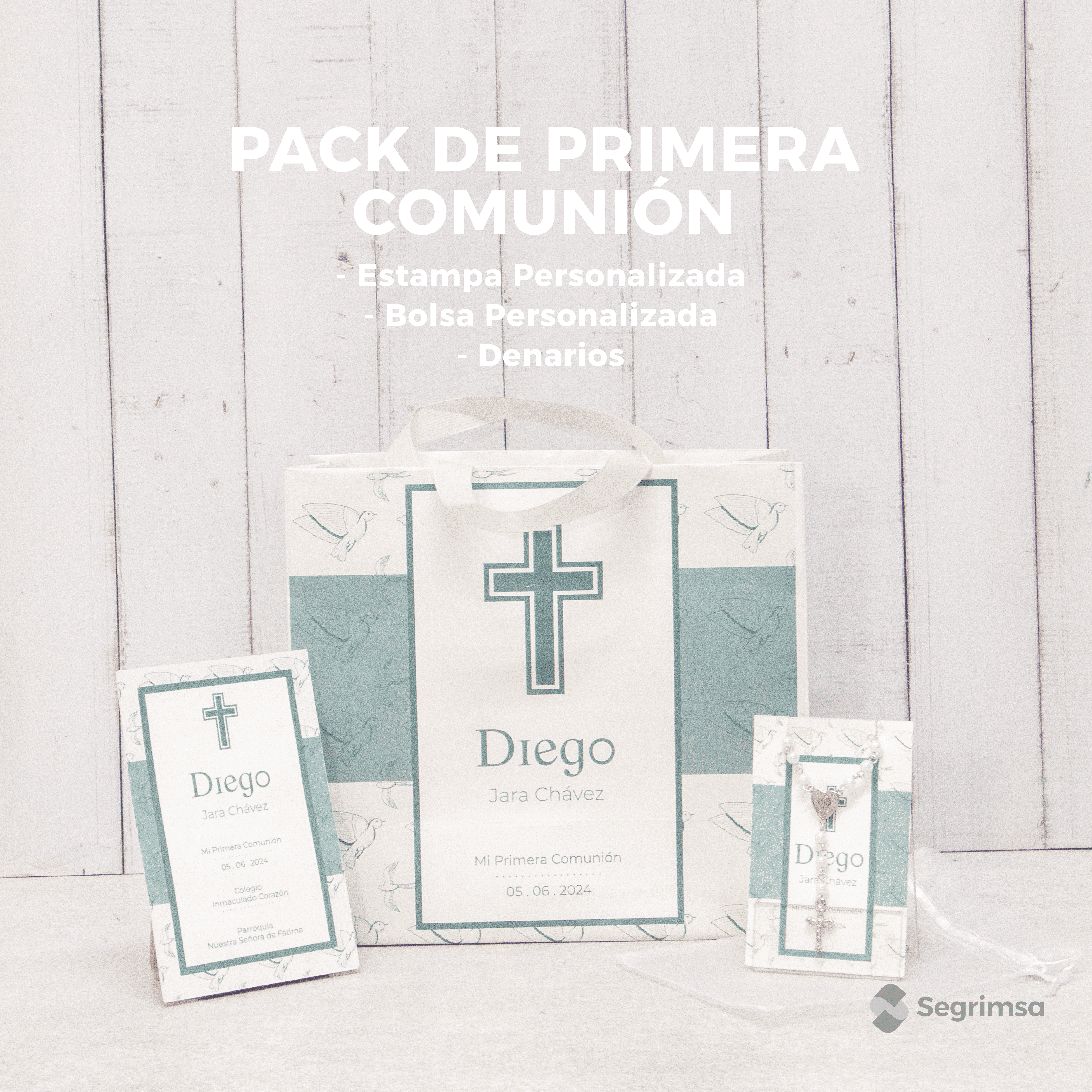 Pack Primera Comunión: Estampas + bolsa personalizada + denarios