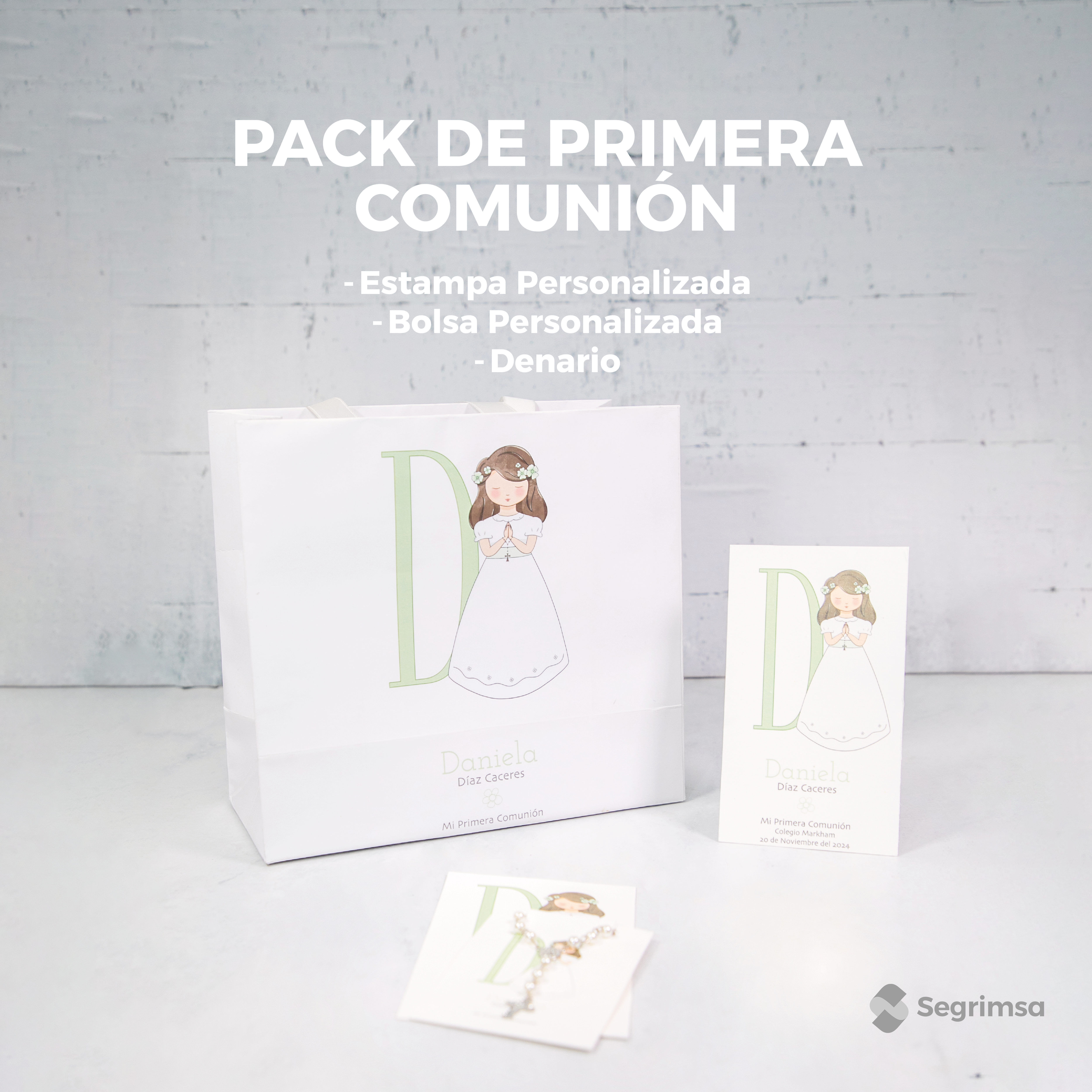 Pack Primera Comunión: Estampas + bolsa personalizada + denarios