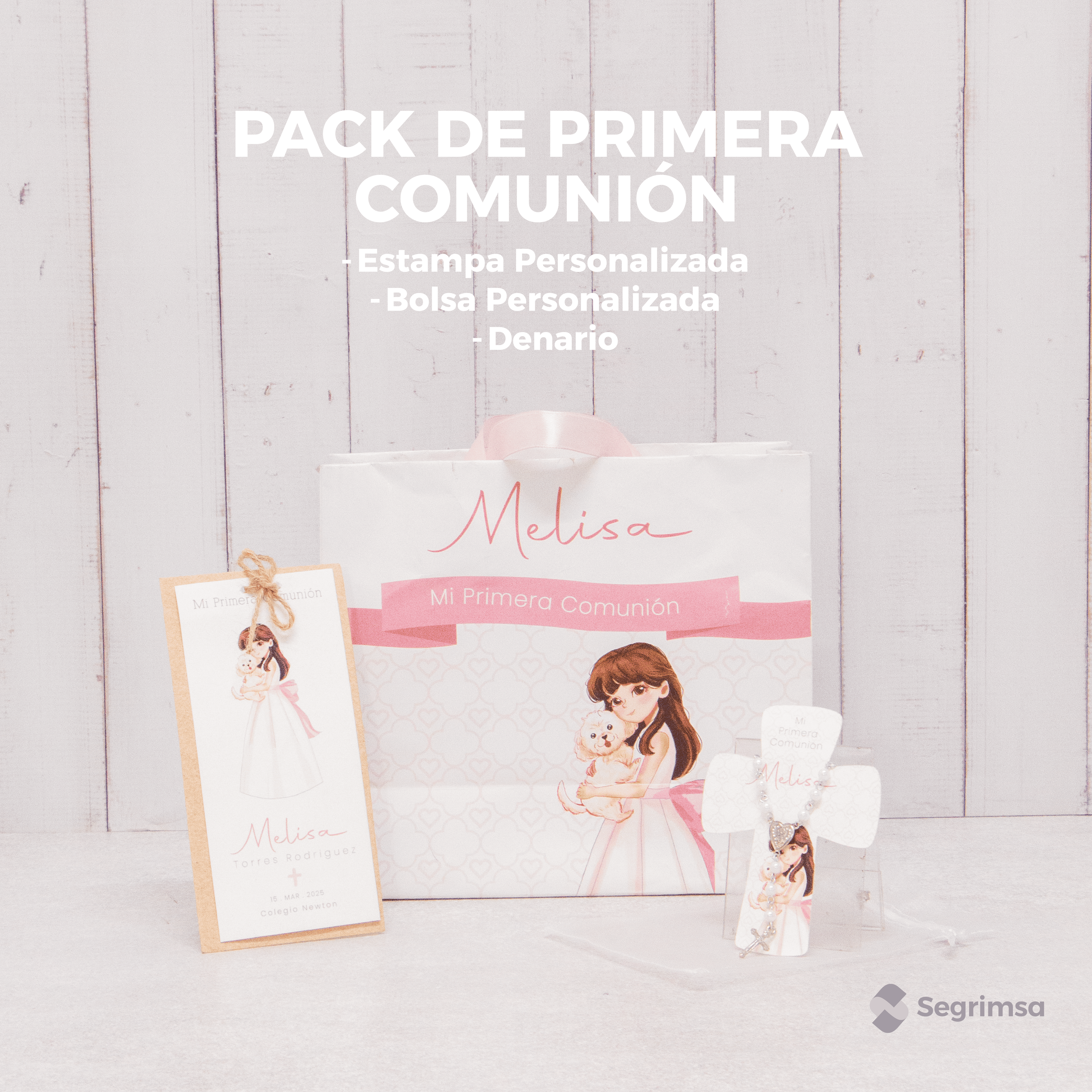 Pack Primera Comunión: Estampas + bolsa personalizada + denarios