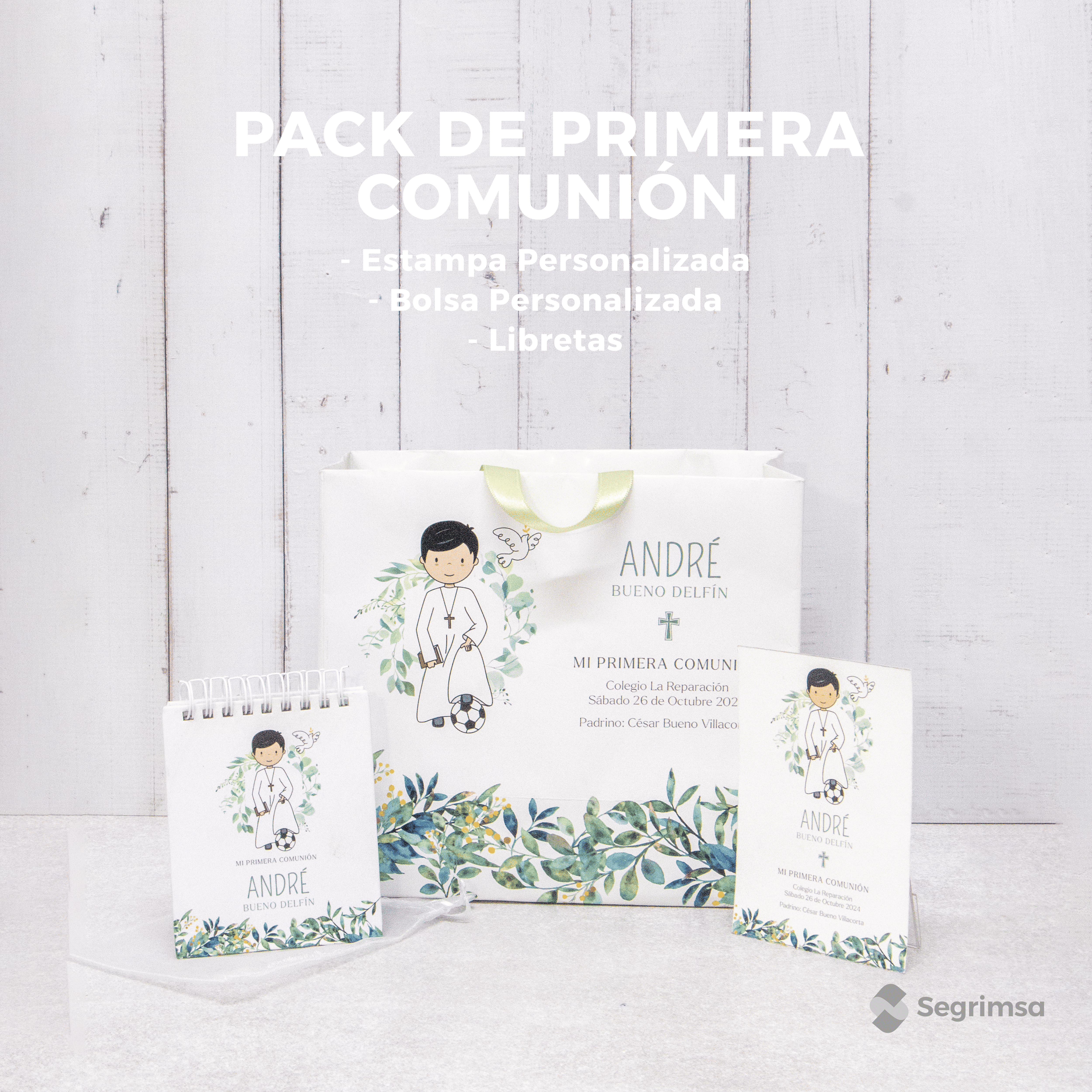 Pack Primera Comunión: Estampas + bolsa personalizada + libretas