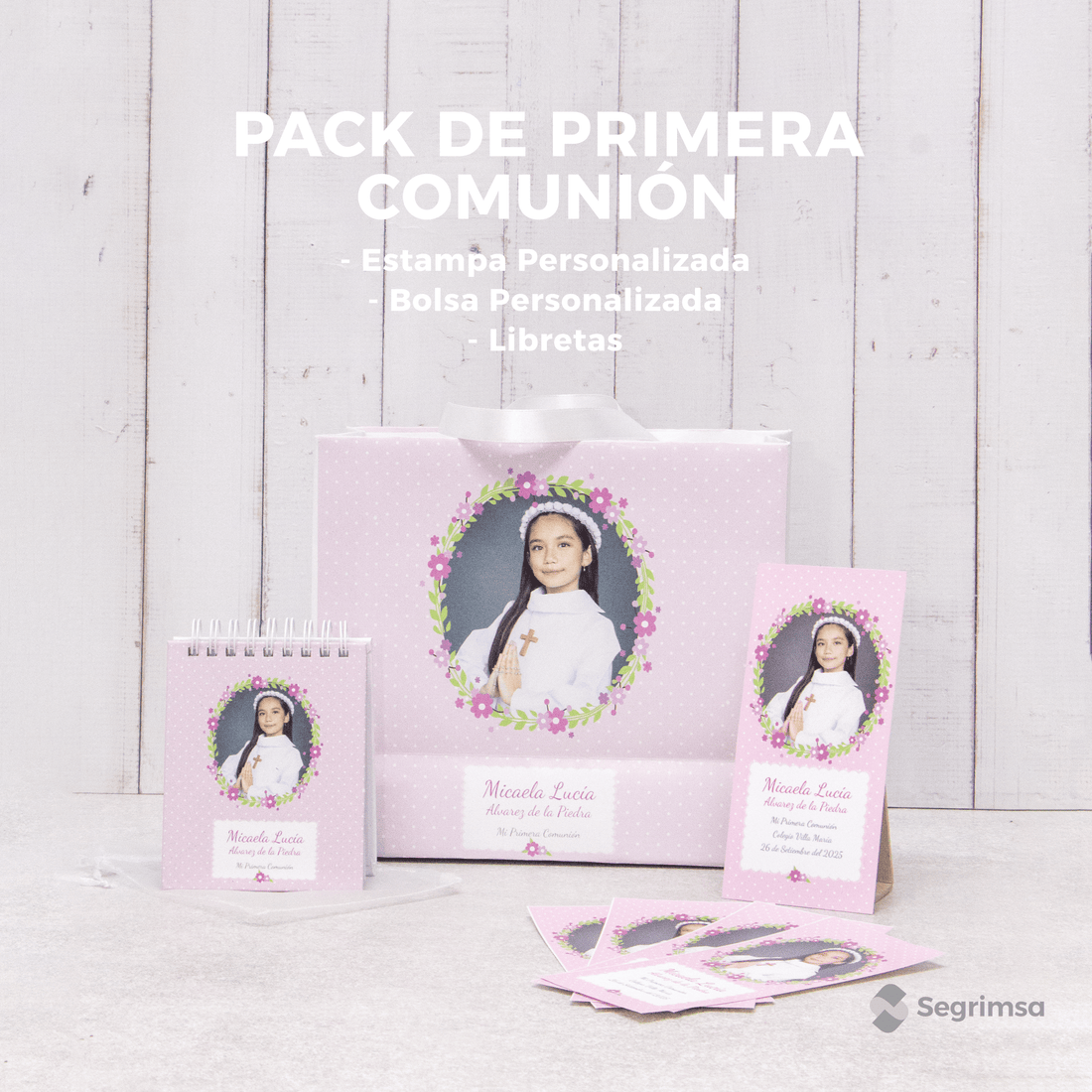 Pack Primera Comunión: Estampas + bolsa personalizada + libretas