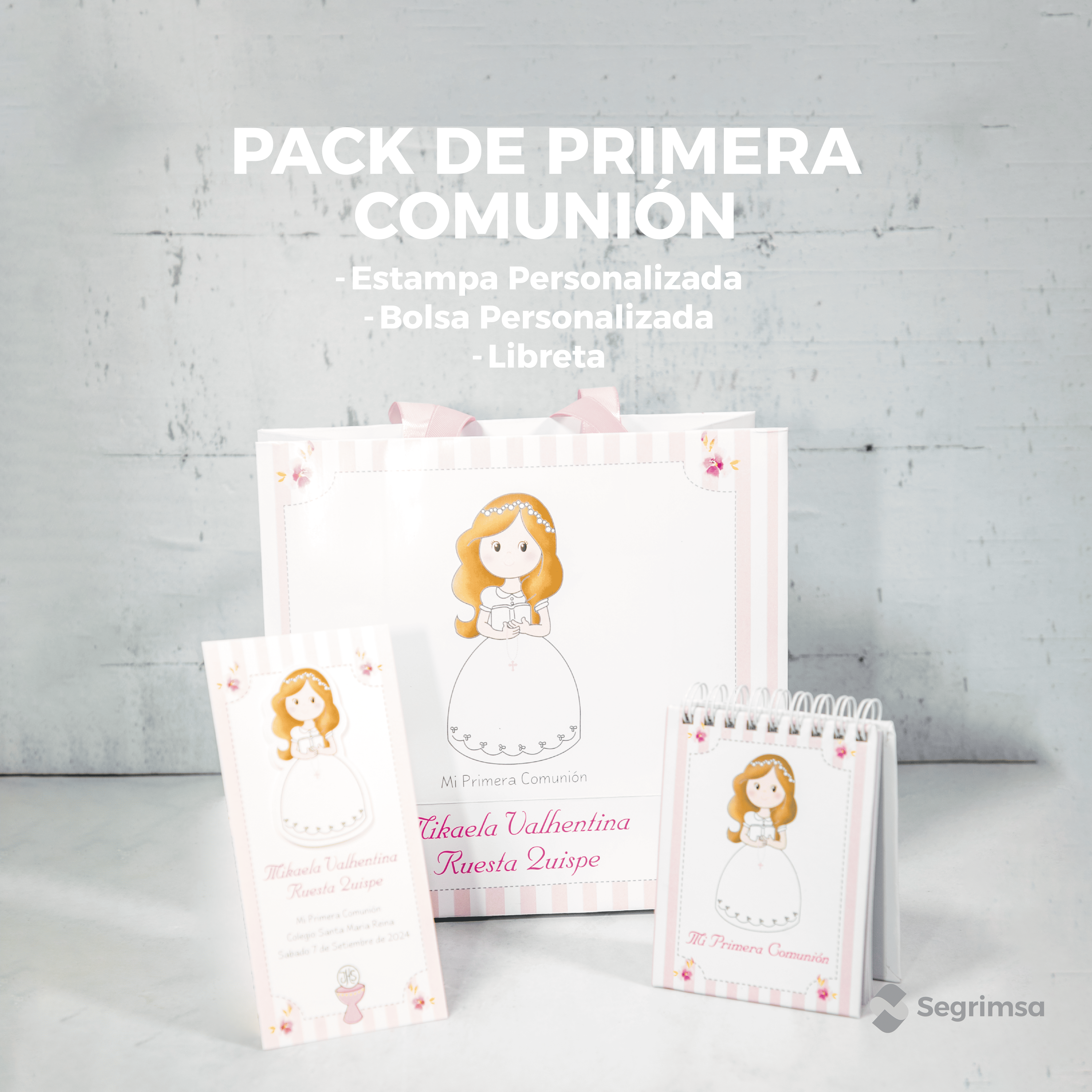 Pack Primera Comunión: Estampas + bolsa personalizada + libretas