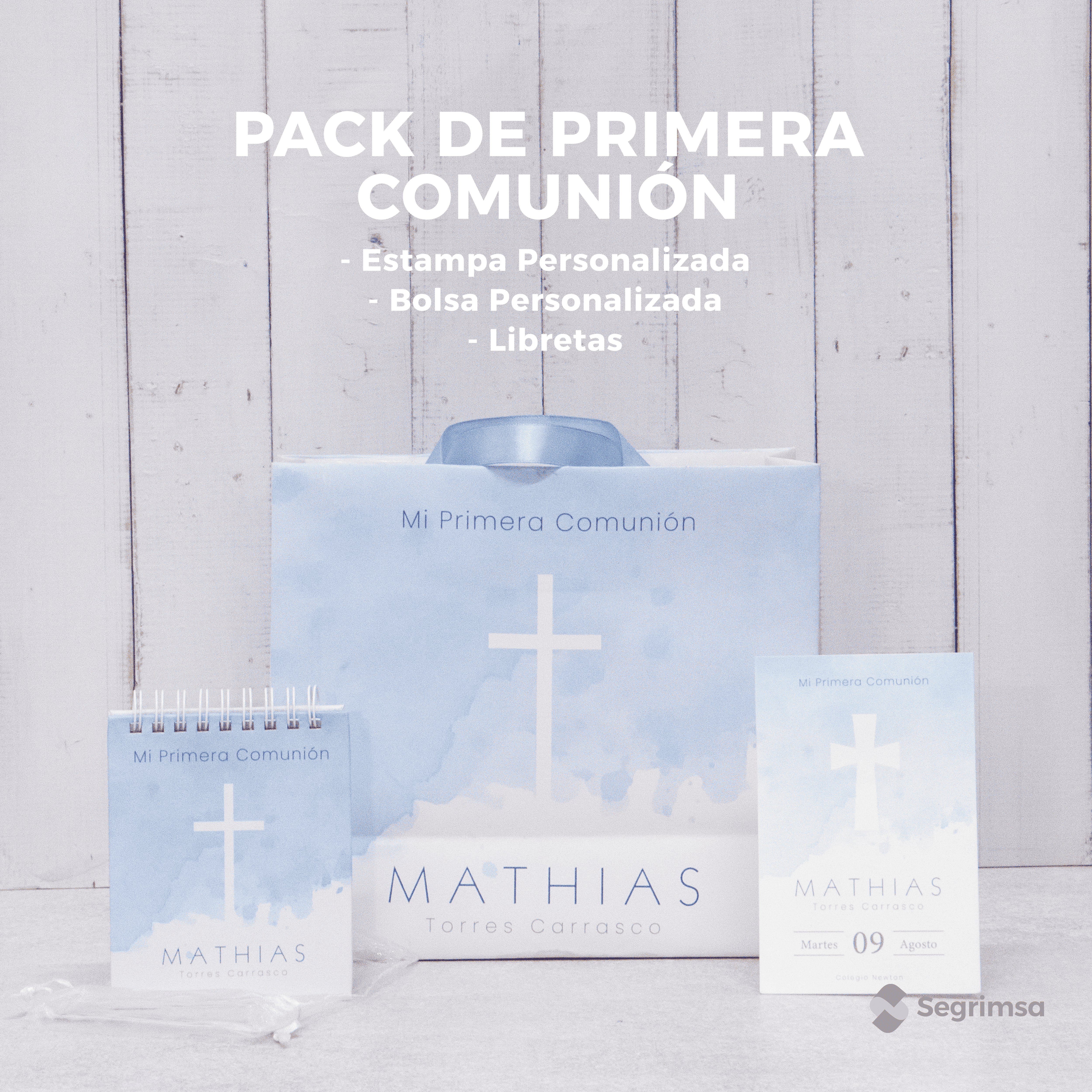 Pack Primera Comunión: Estampas + bolsa personalizada + libretas