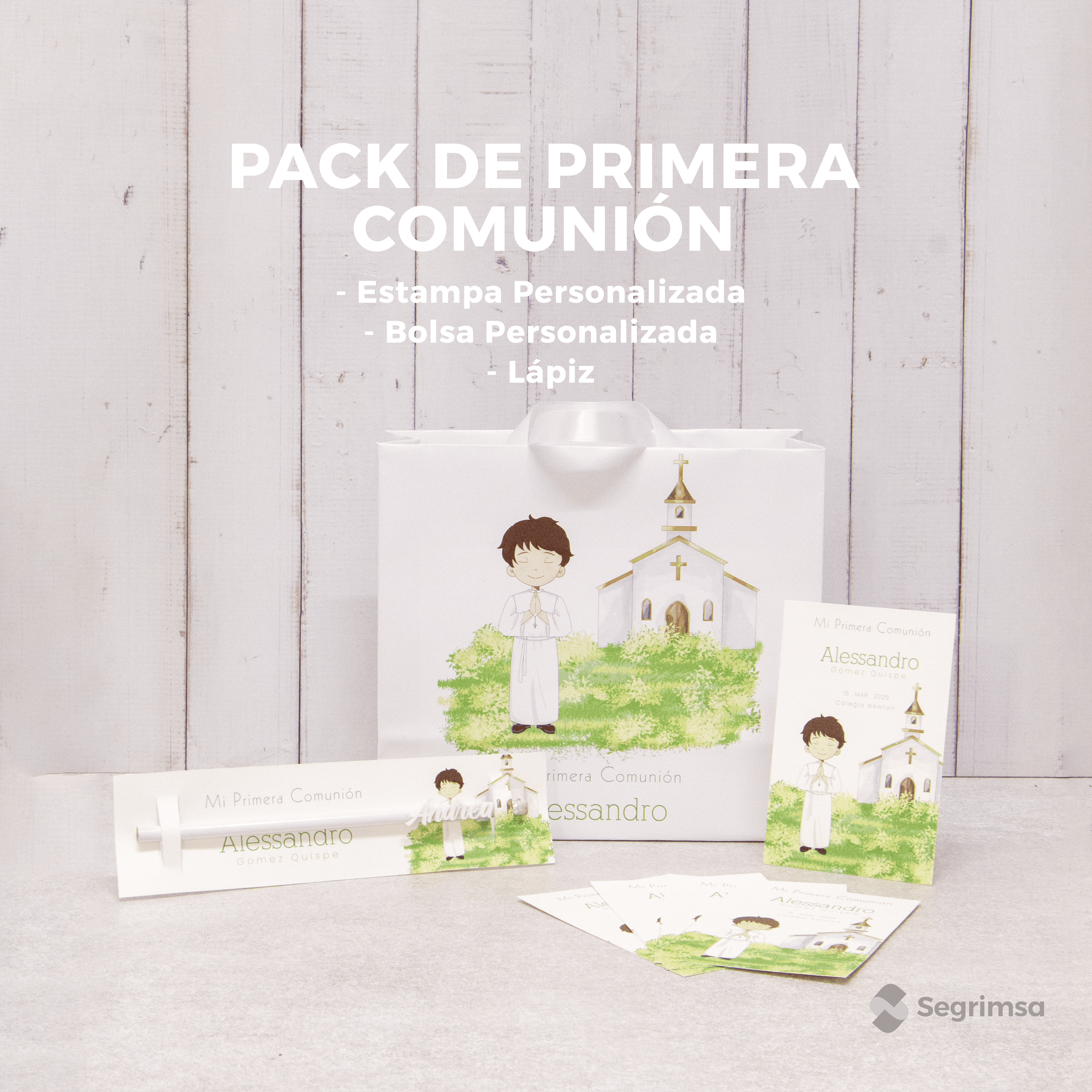 Pack Primera Comunión: Estampas + bolsa personalizada + lapiz