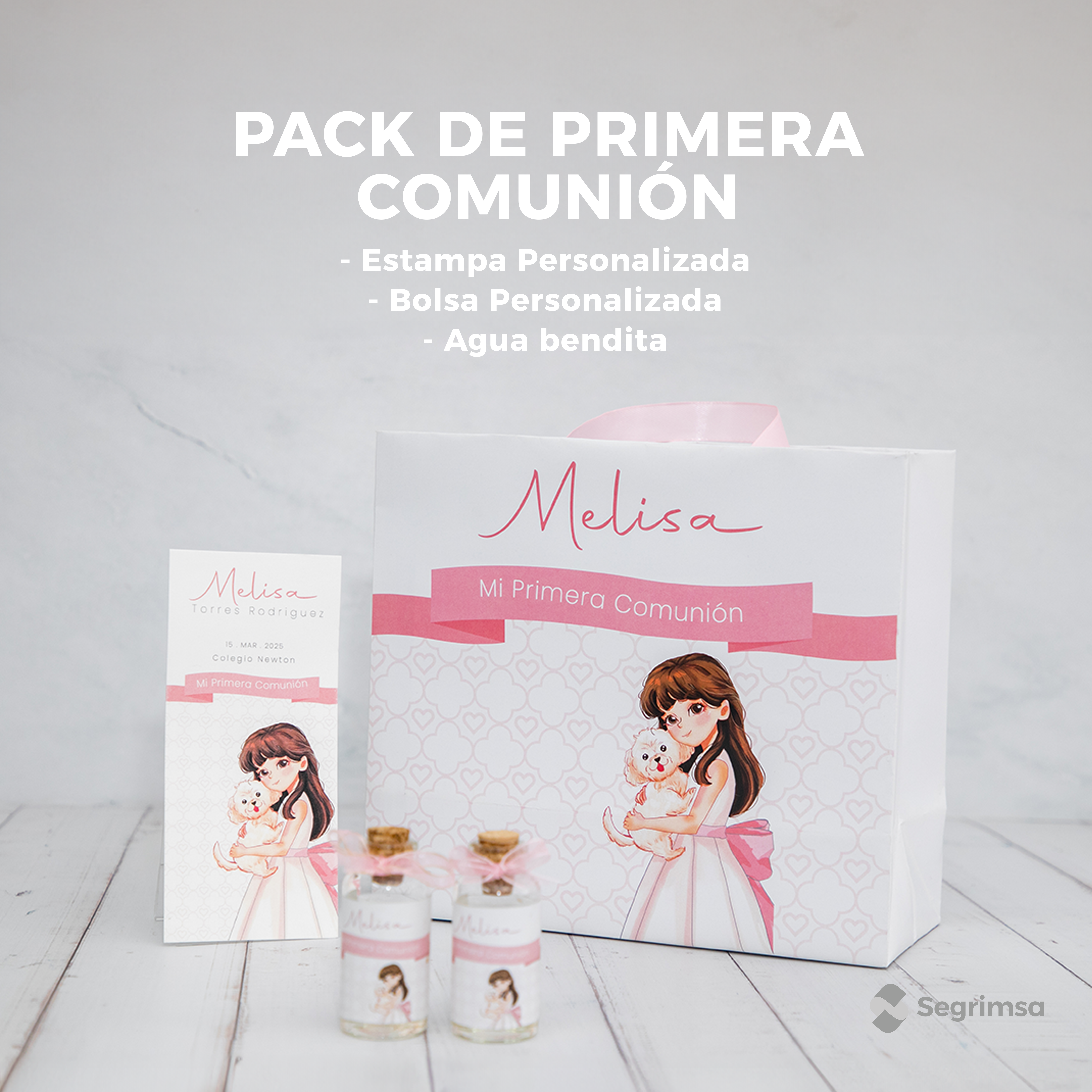 Pack Primera Comunión: Estampas + bolsa personalizada + agua bendita