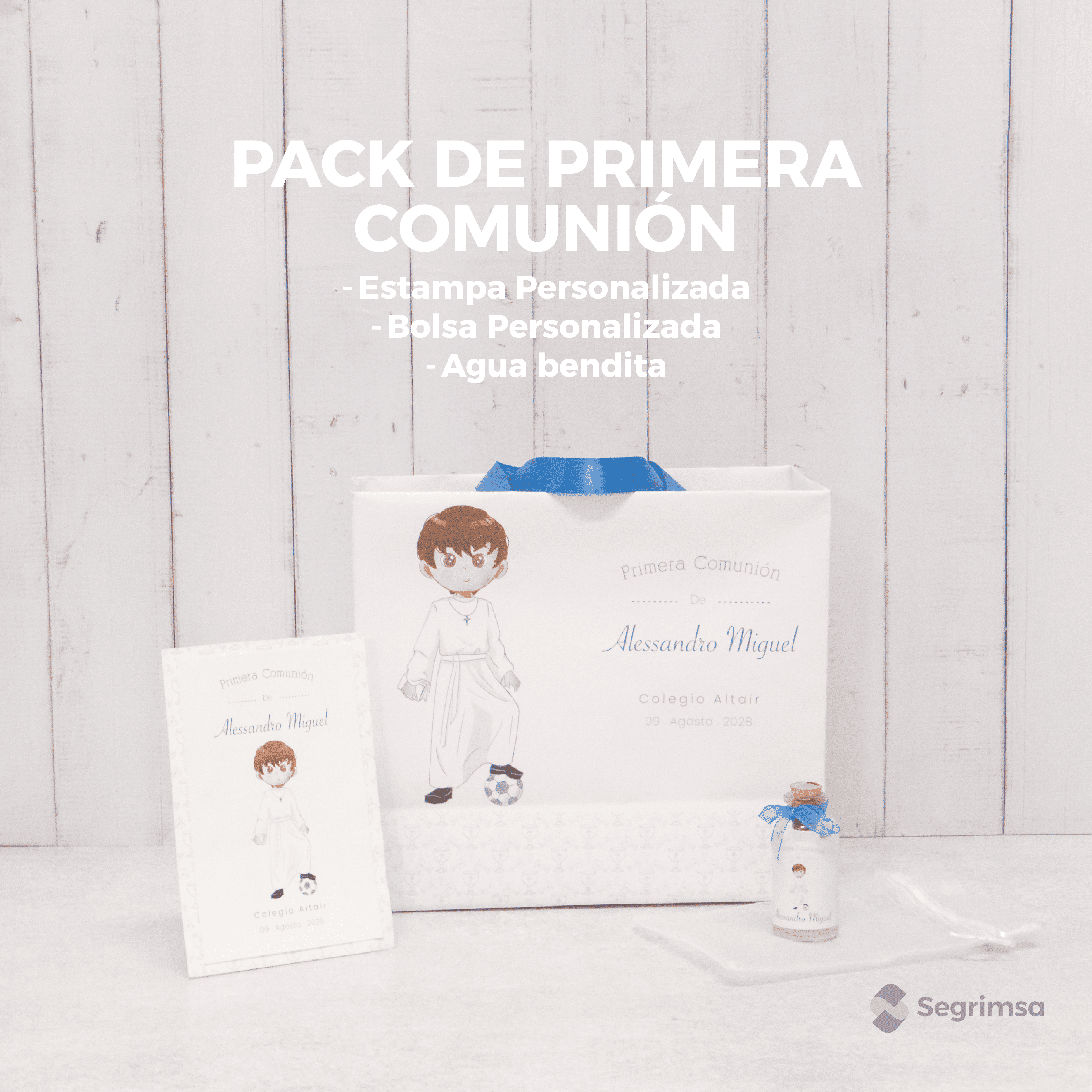 Pack Primera Comunión: Estampas + bolsa personalizada + agua bendita