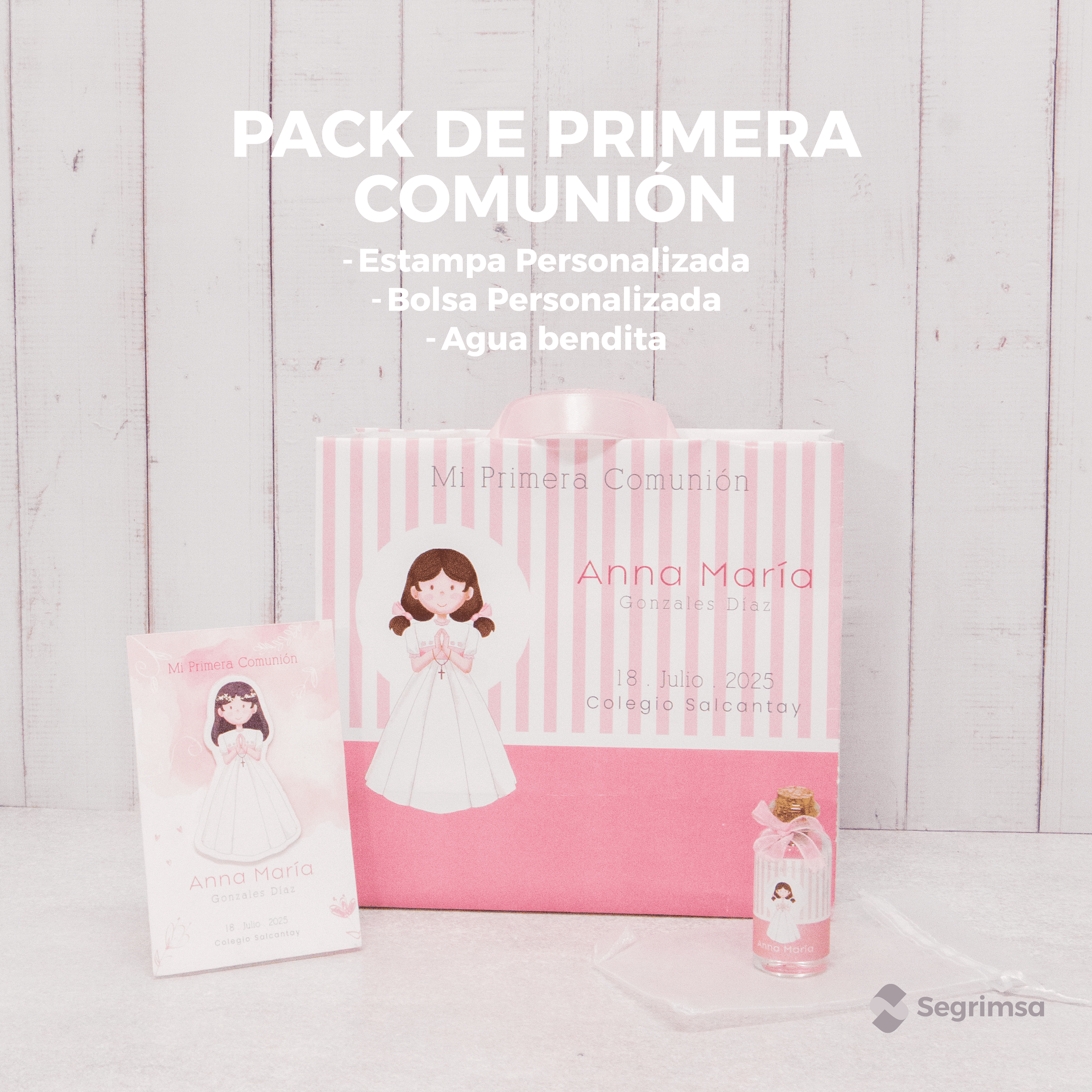 Pack Primera Comunión: Estampas + bolsa personalizada + agua bendita