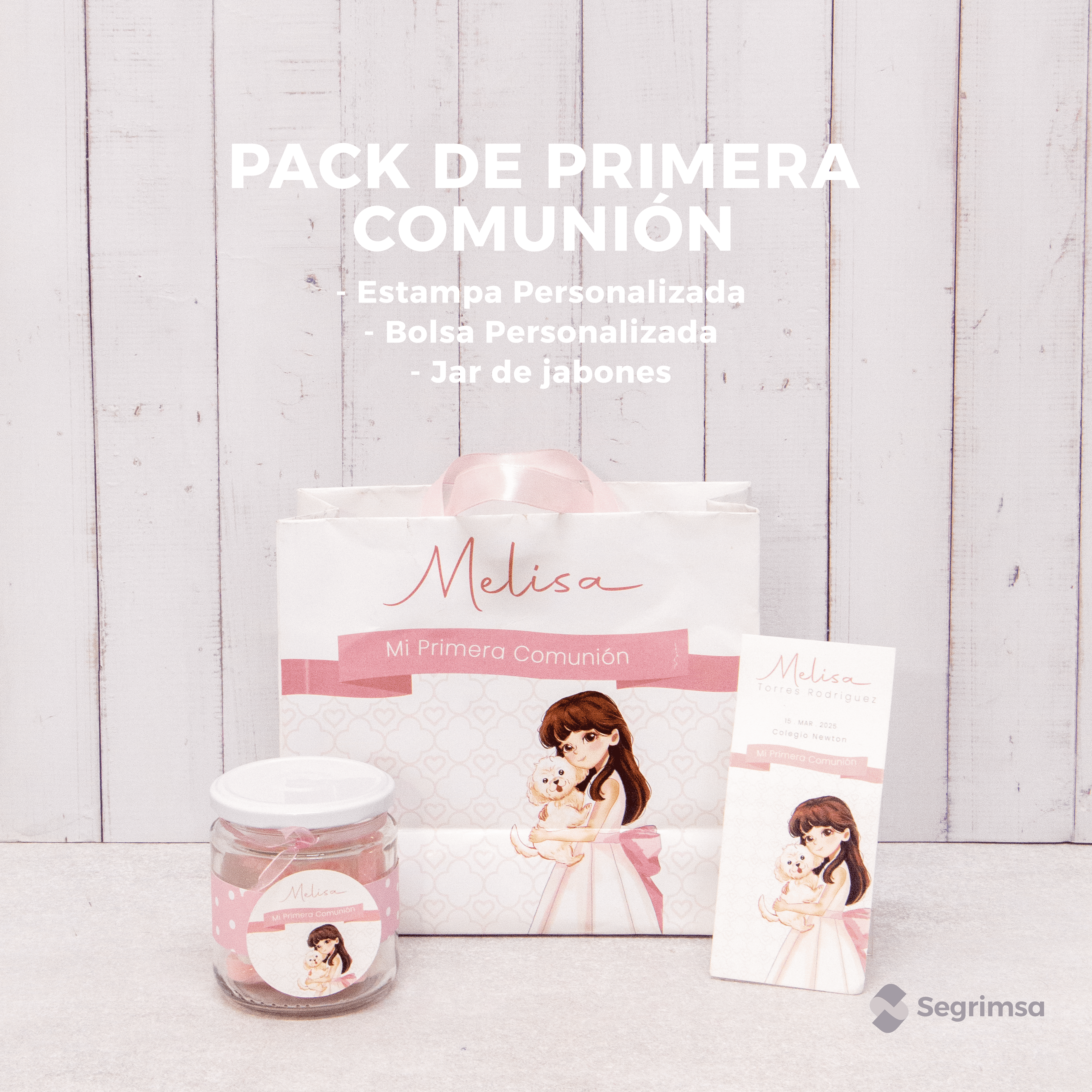 Pack Primera Comunión: Estampas + album de estampas + bolsa personalizada + lapiz
