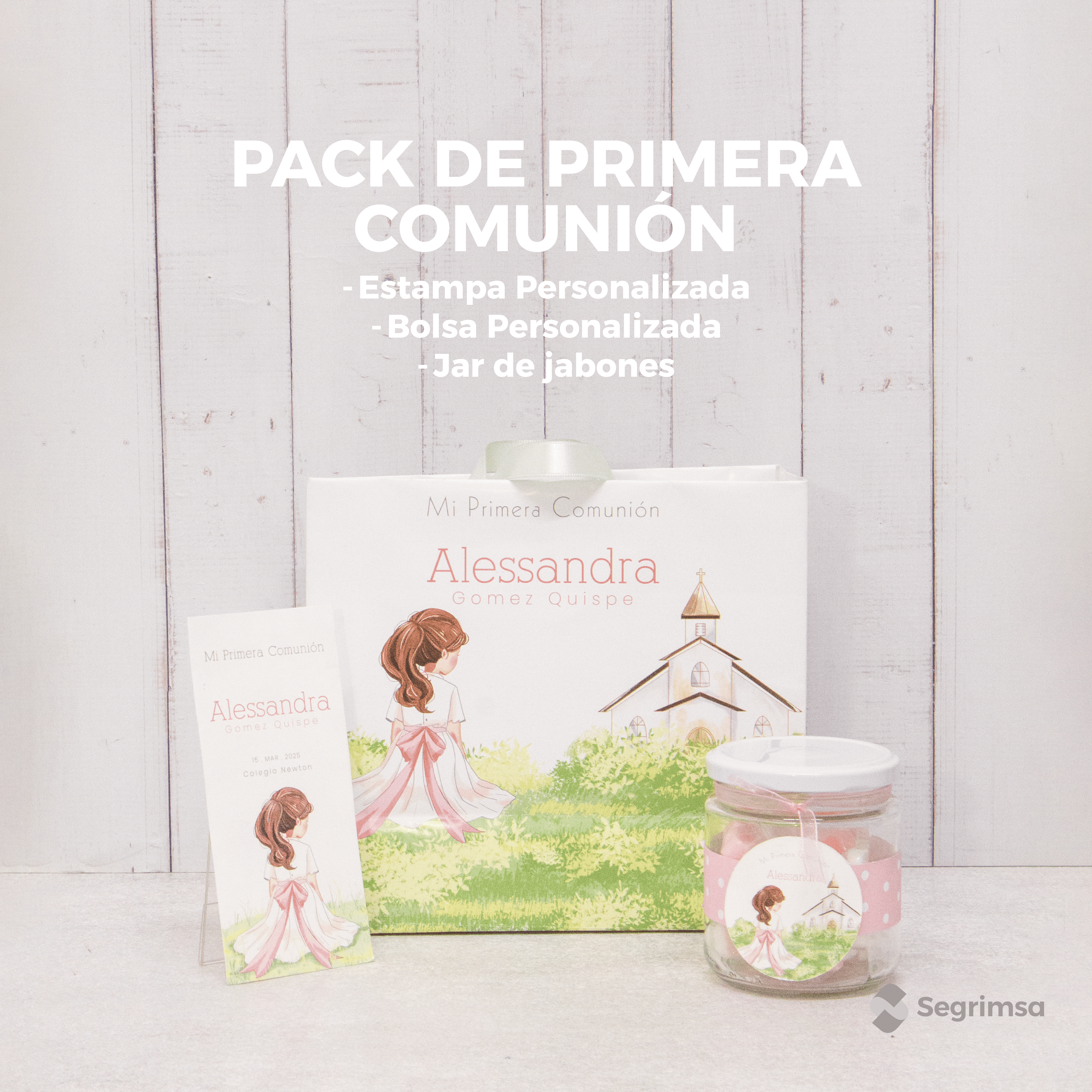 Pack Primera Comunión: Estampas + album de estampas + bolsa personalizada + lapiz