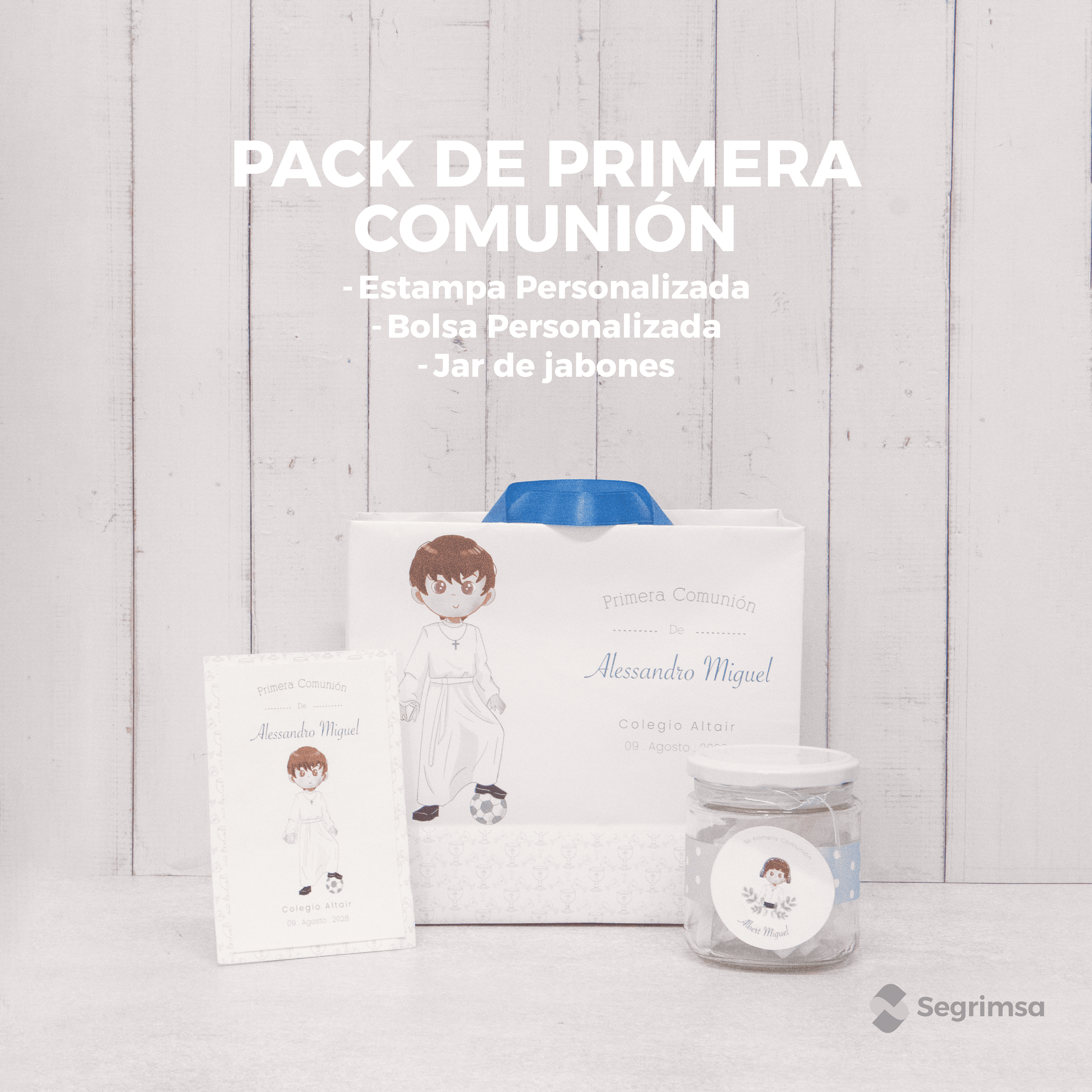Pack Primera Comunión: Estampas + album de estampas + bolsa personalizada + lapiz