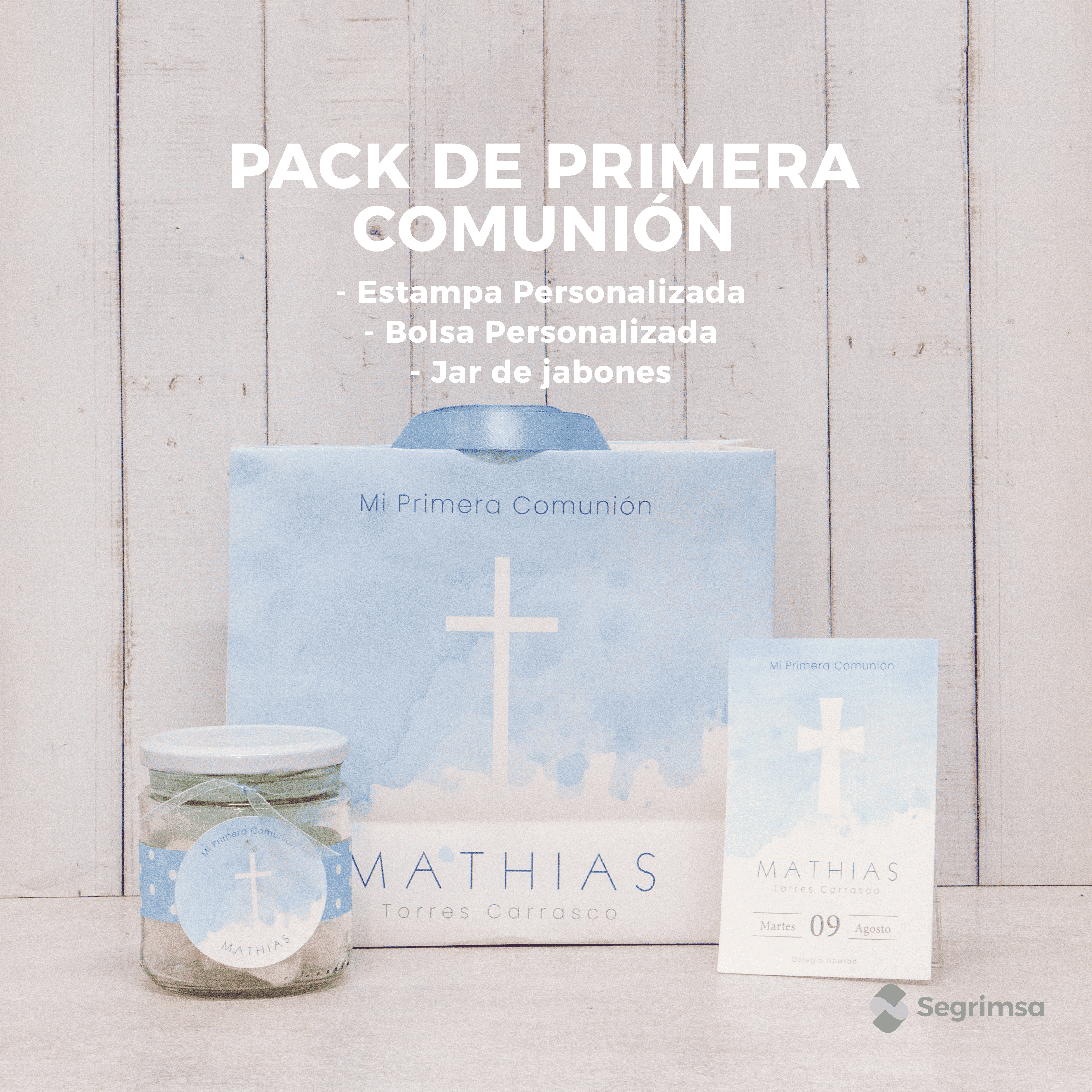 Pack Primera Comunión: Estampas + album de estampas + bolsa personalizada + lapiz