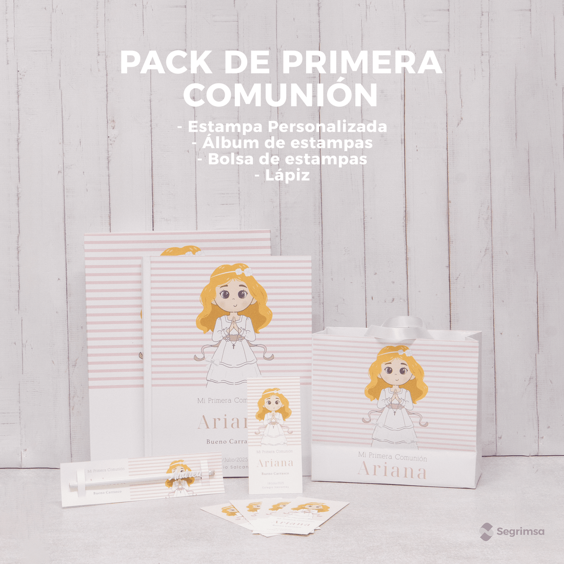 Pack Primera Comunión: Estampas + album de estampas + bolsa personalizada + pulseras