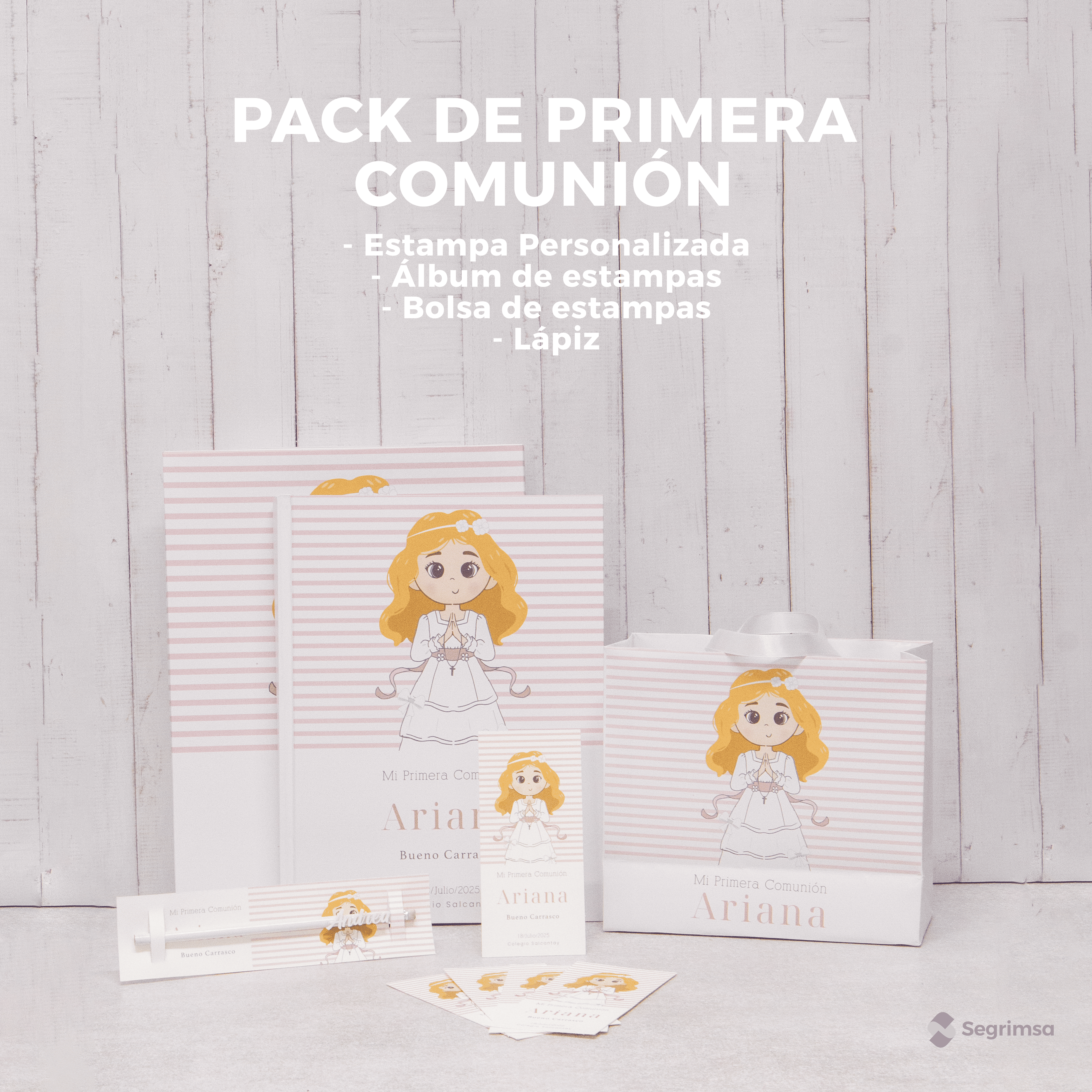 Pack Primera Comunión: Estampas + album de estampas + bolsa personalizada + lapiz
