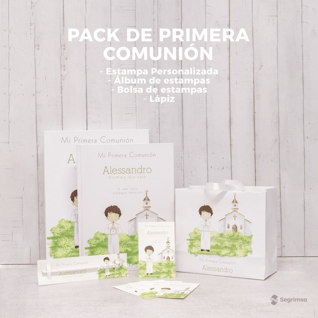 Pack Primera Comunión: Estampas + album de estampas + bolsa personalizada + lapiz
