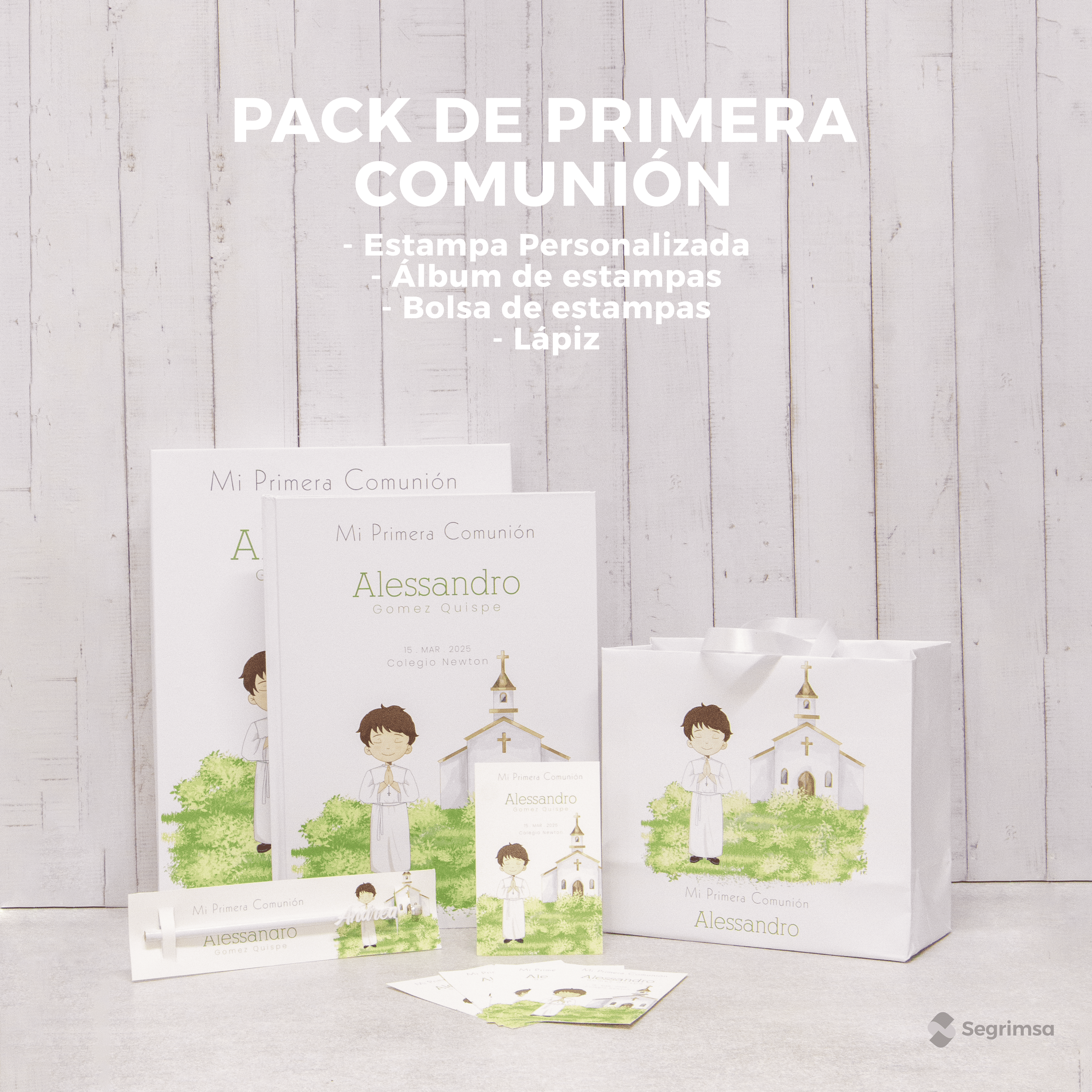 Pack Primera Comunión: Estampas + album de estampas + bolsa personalizada + lapiz