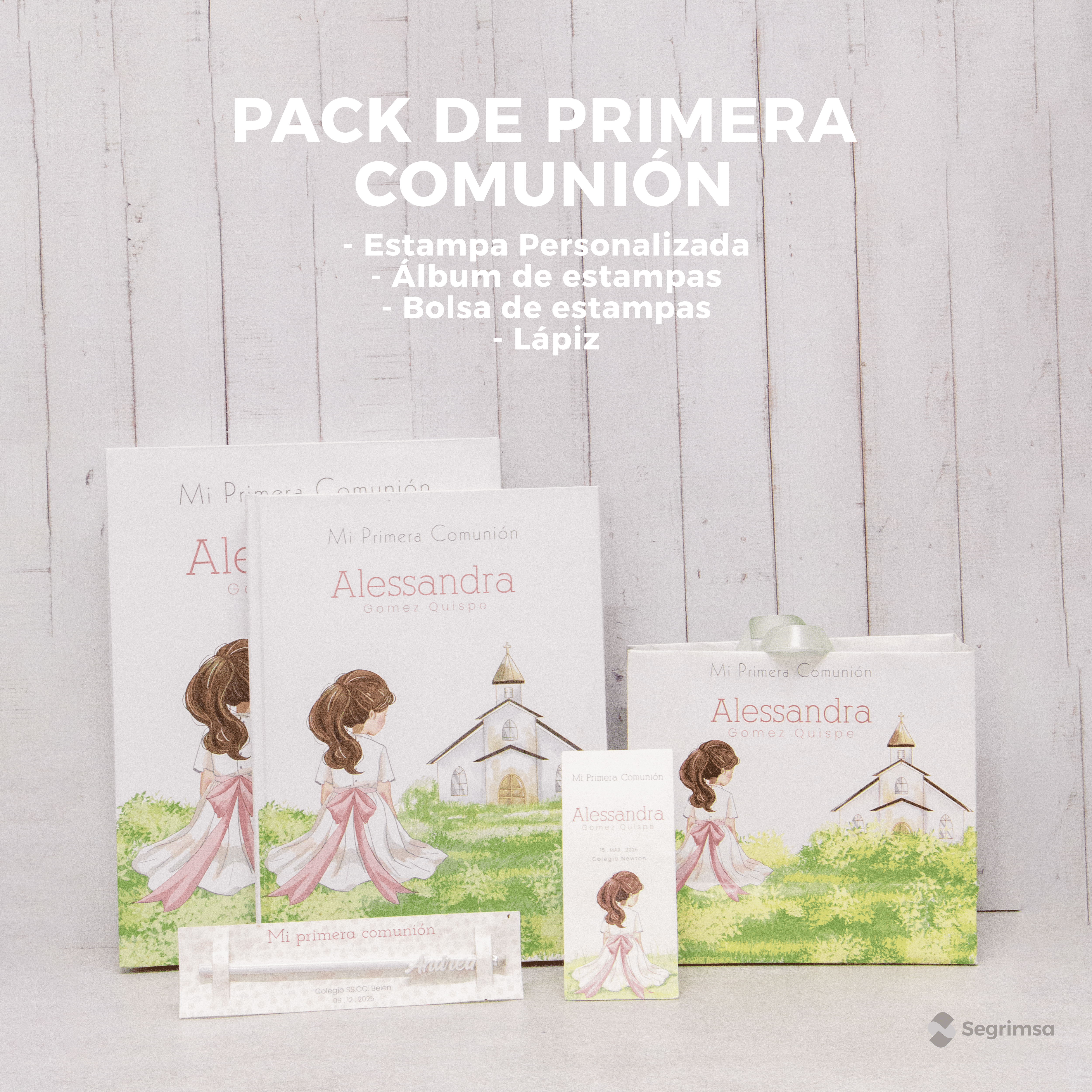 Pack Primera Comunión: Estampas + album de estampas + bolsa personalizada + lapiz