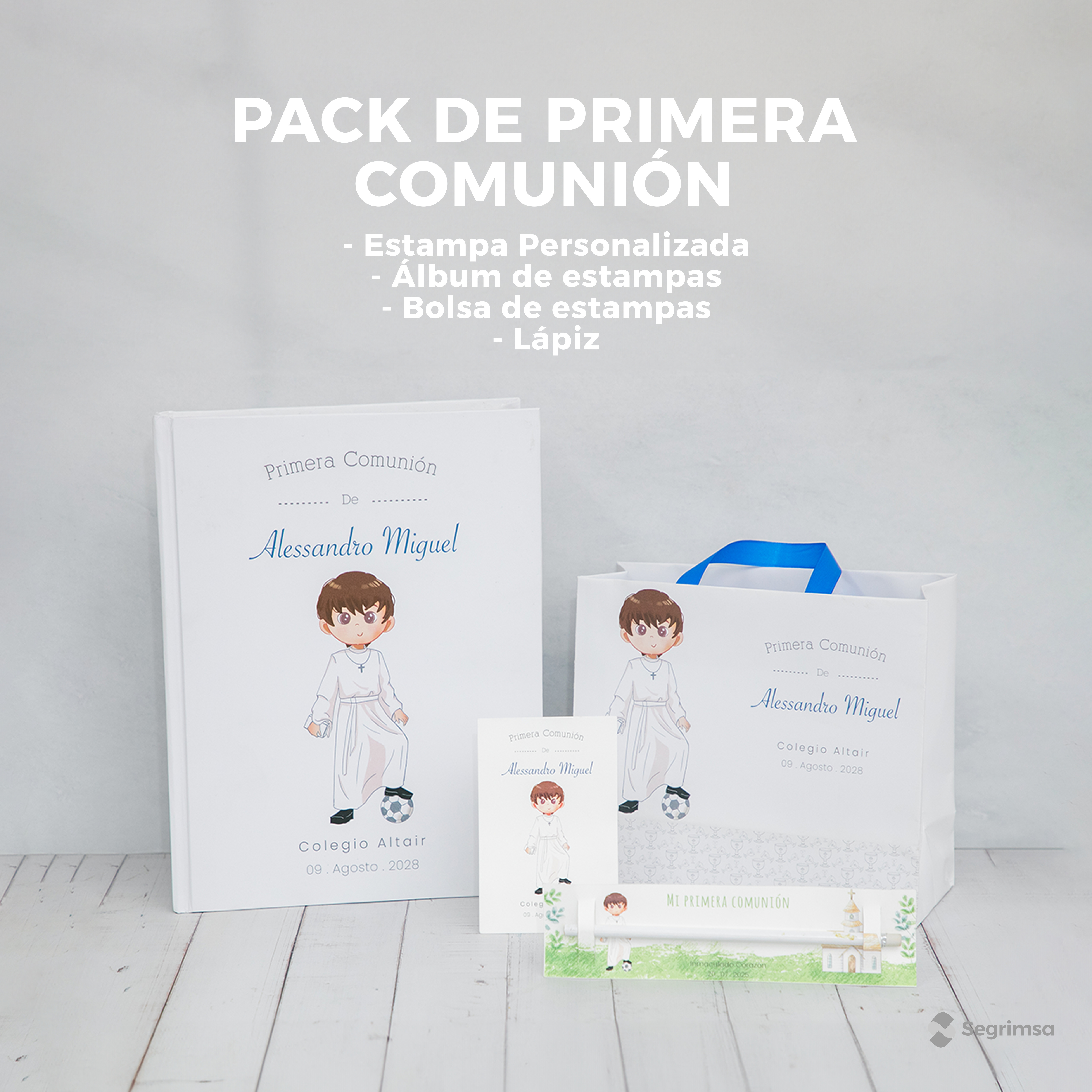 Pack Primera Comunión: Estampas + album de estampas + bolsa personalizada + lapiz