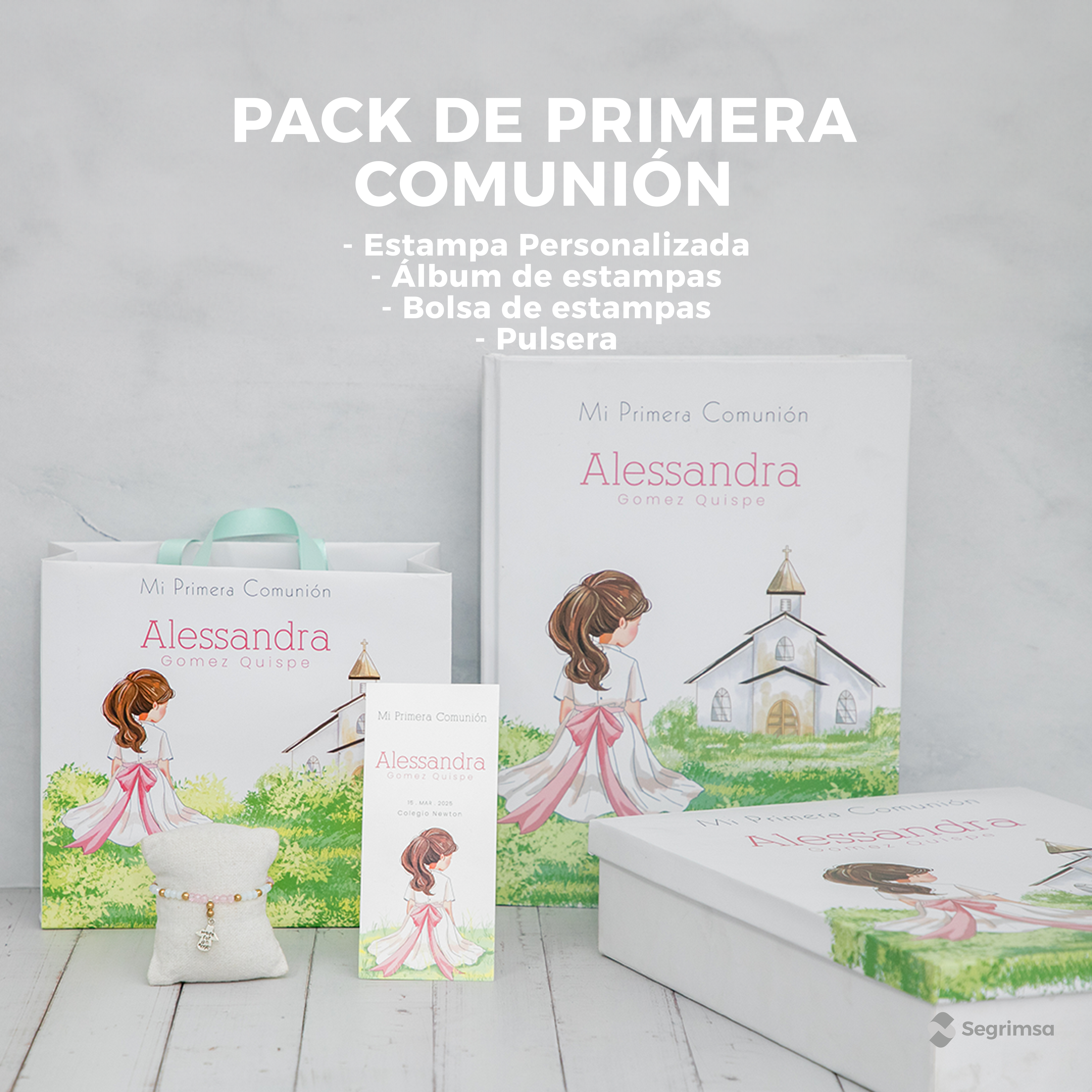 Pack Primera Comunión: Estampas + album de estampas + bolsa personalizada + pulseras