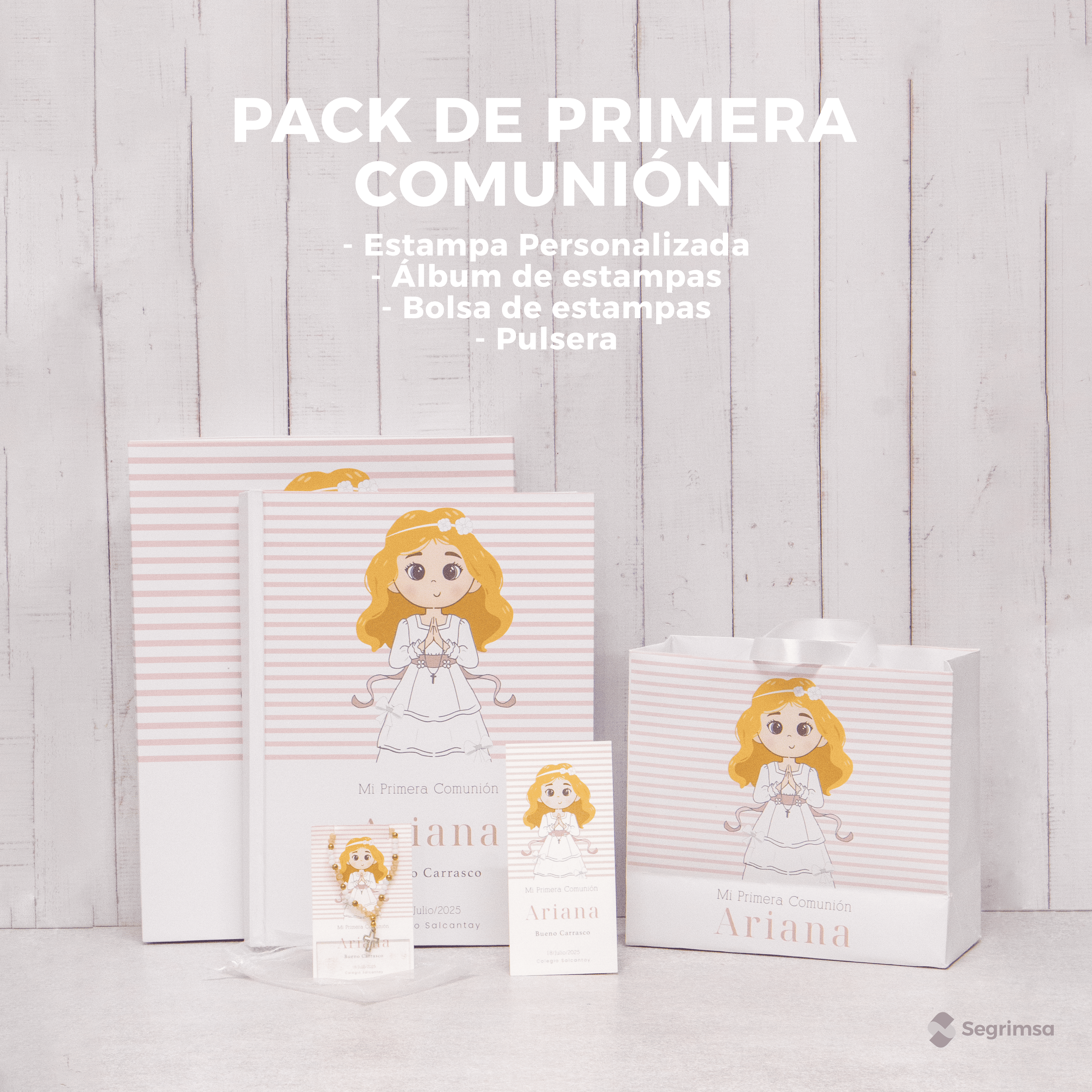 Pack Primera Comunión: Estampas + album de estampas + bolsa personalizada + pulseras