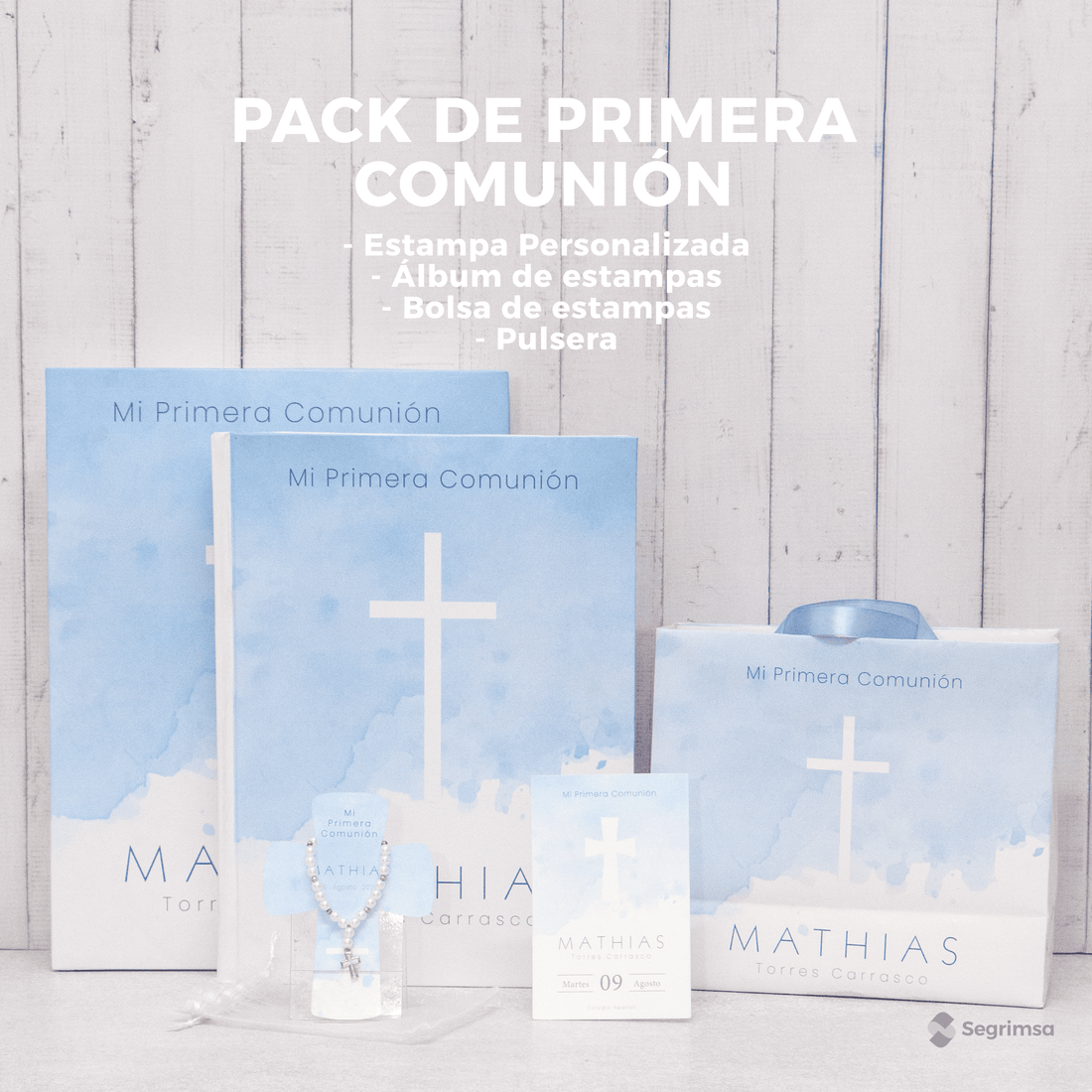 Pack Primera Comunión: Estampas + album de estampas + bolsa personalizada + pulseras