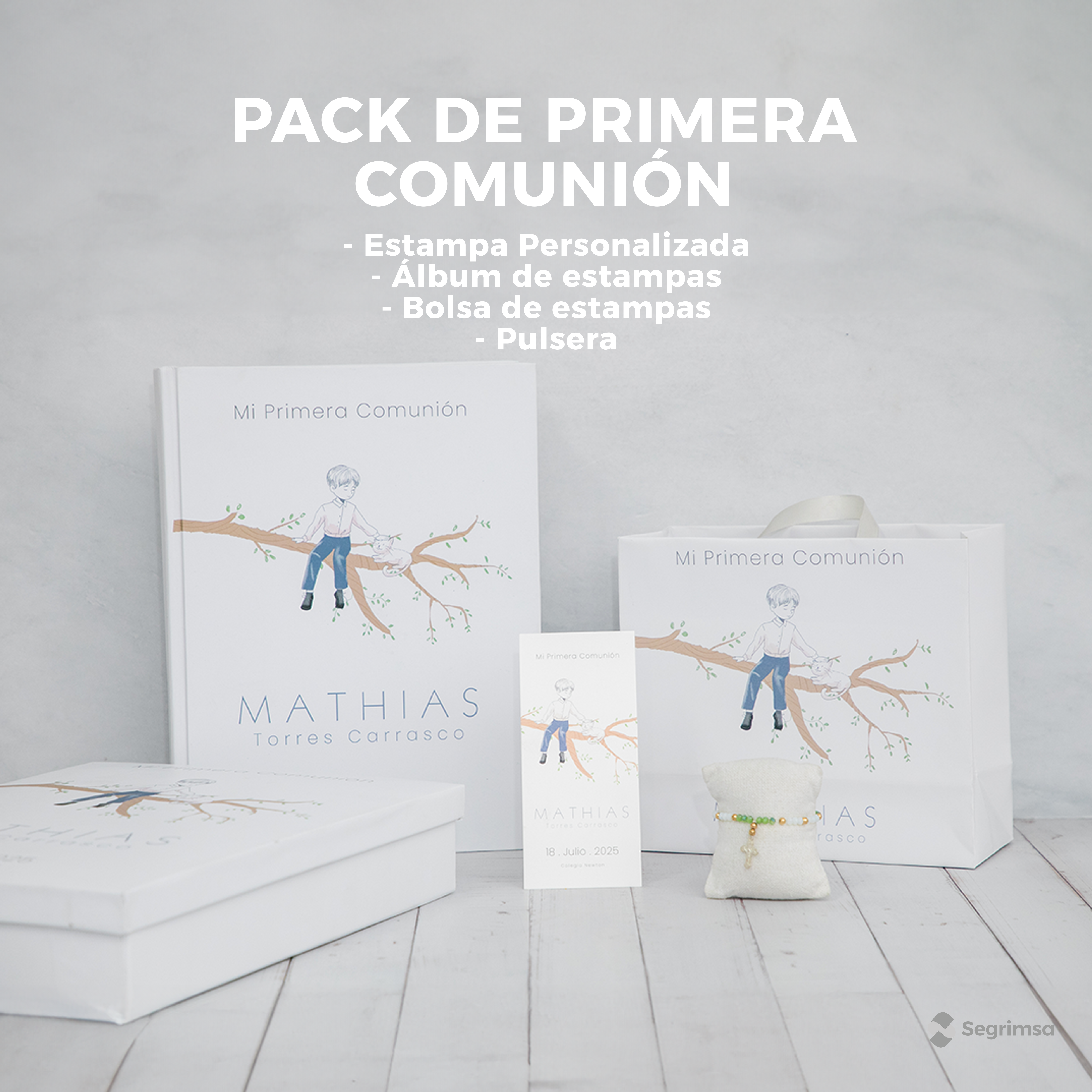 Pack Primera Comunión: Estampas + album de estampas + bolsa personalizada + pulseras