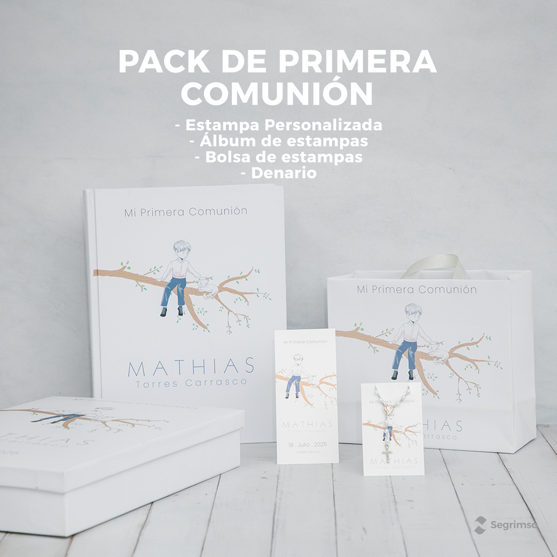 Pack Primera Comunión: Estampas + album de estampas + bolsa personalizada + agua bendita