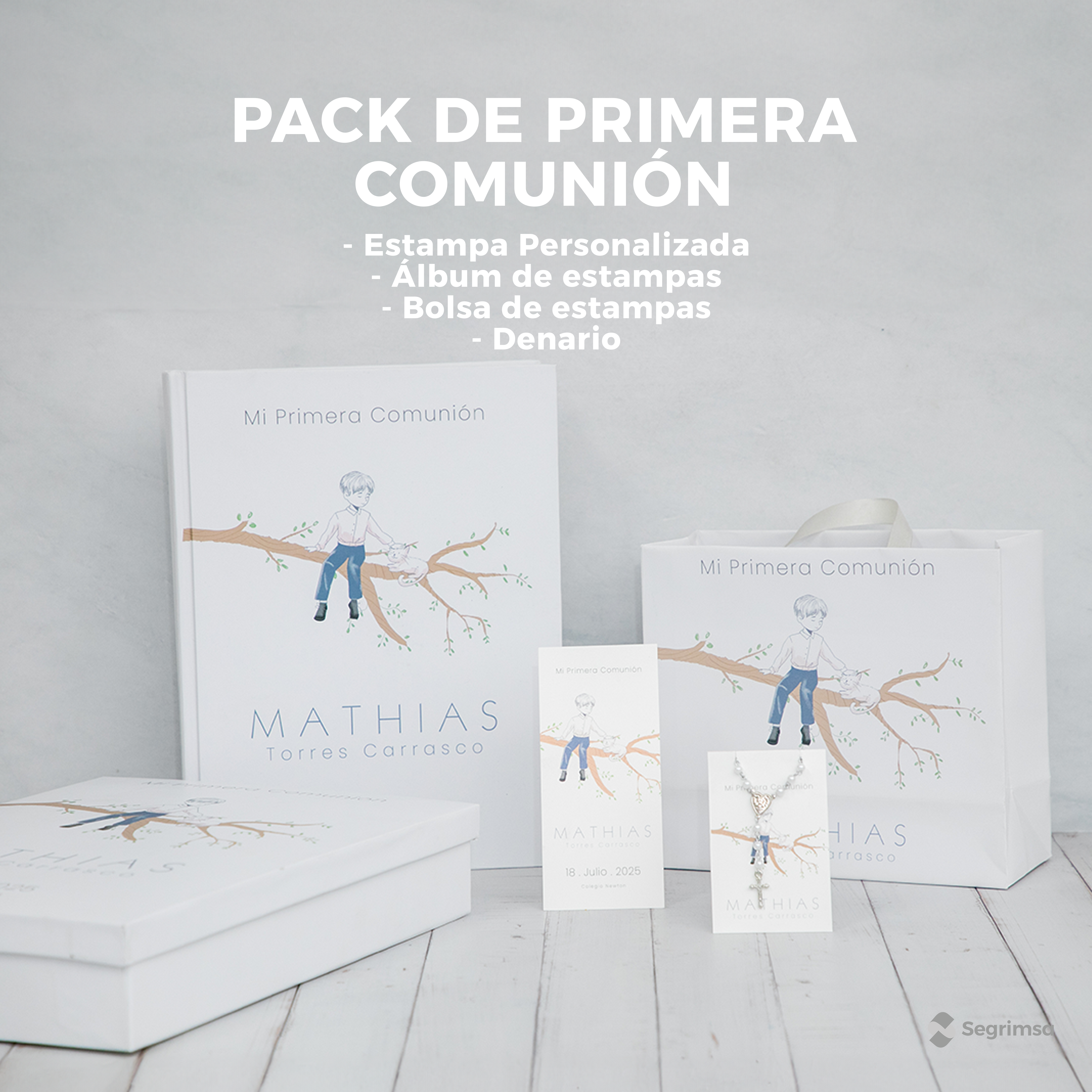 Pack Primera Comunión: Estampas + album de estampas + bolsa personalizada + agua bendita