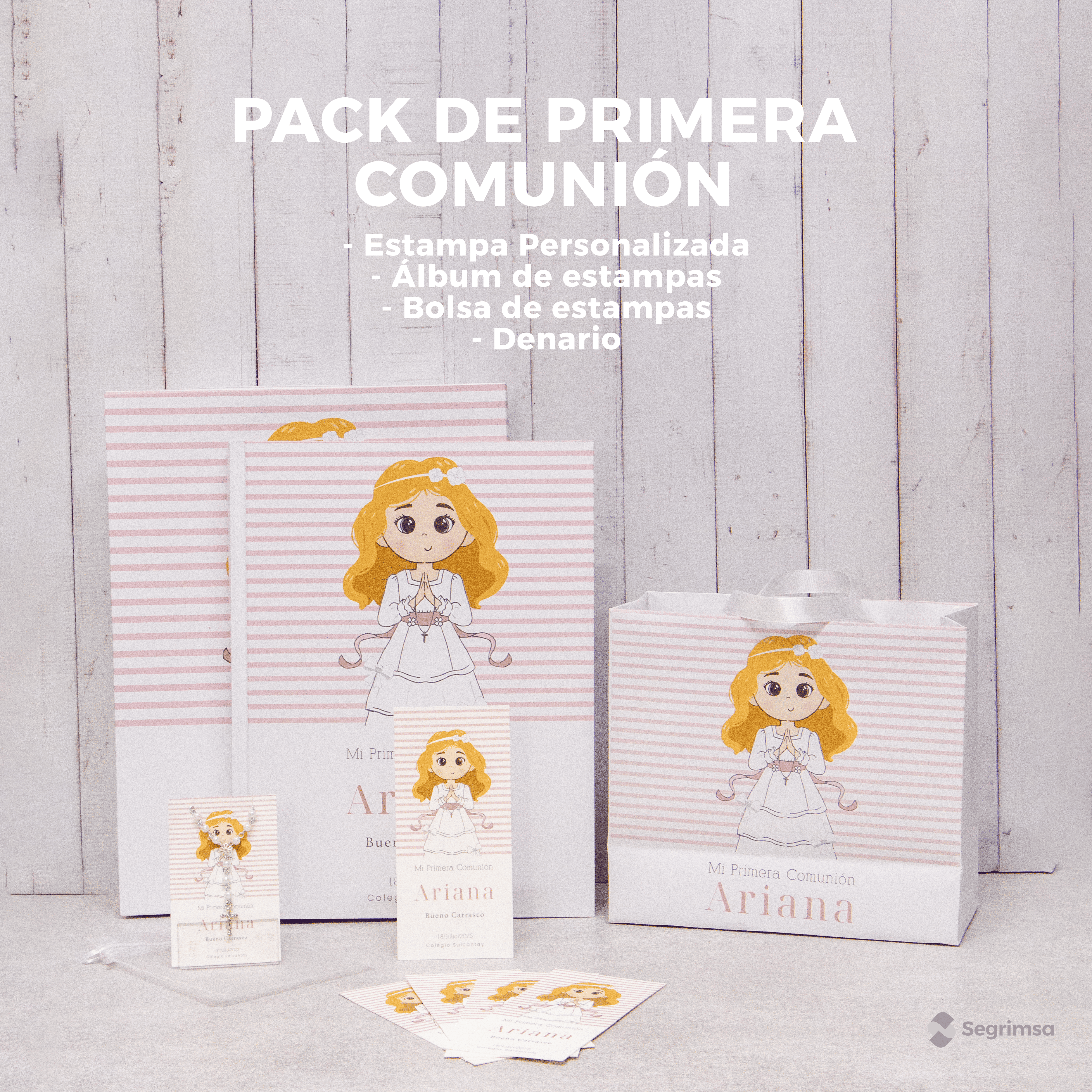 Pack Primera Comunión: Estampas + album de estampas + bolsa personalizada + denarios