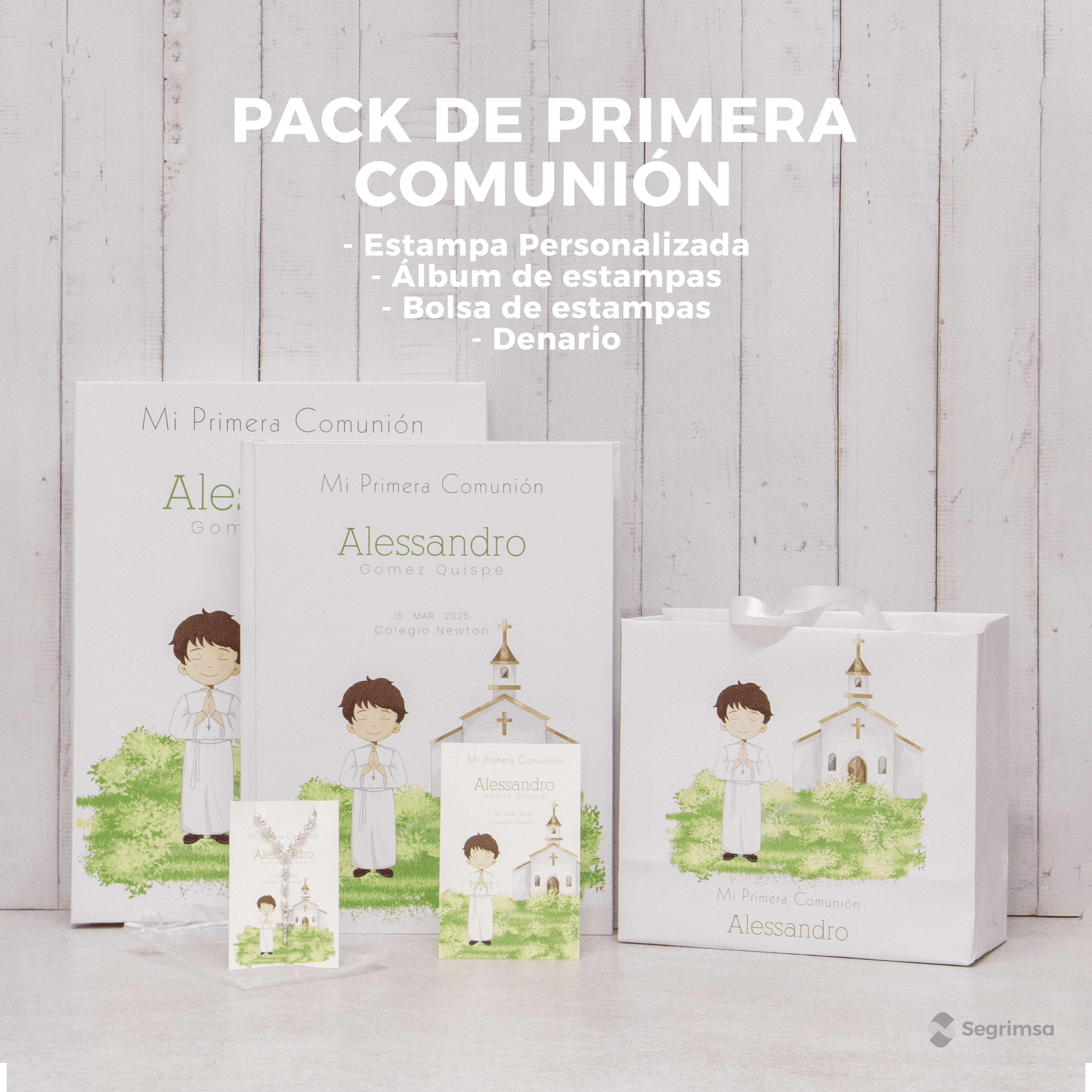 Pack Primera Comunión: Estampas + album de estampas + bolsa personalizada + agua bendita
