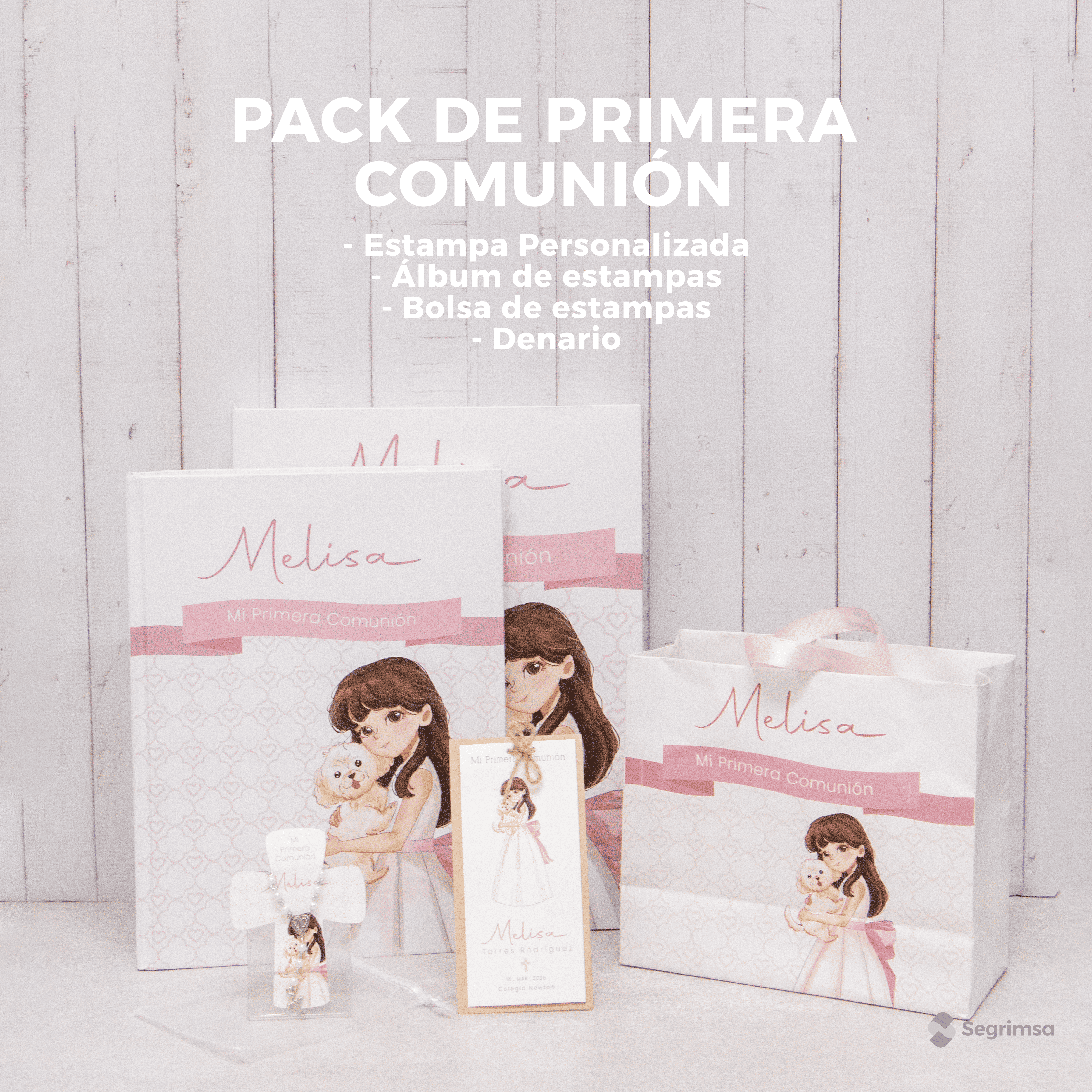 Pack Primera Comunión: Estampas + album de estampas + bolsa personalizada + denarios