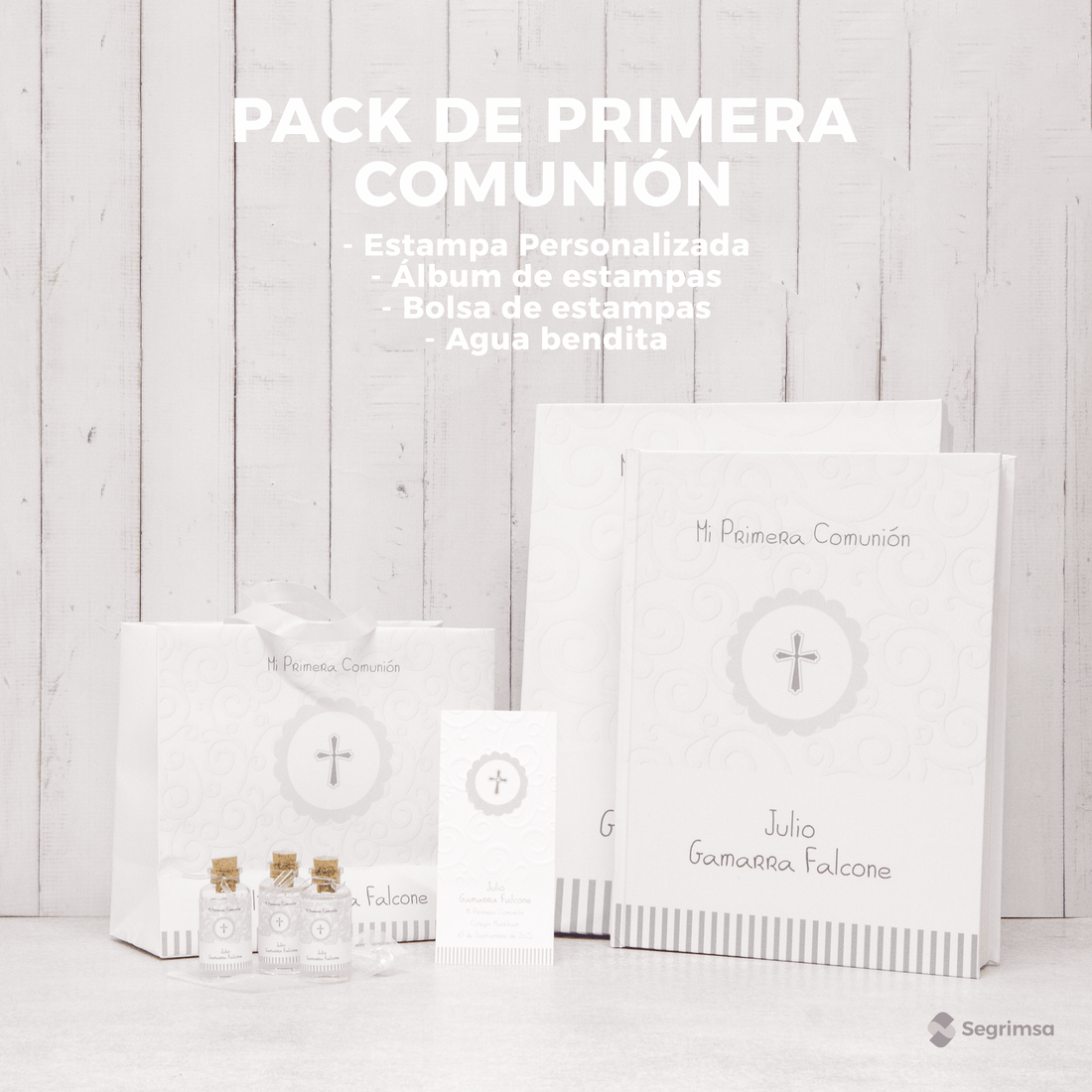 Pack Primera Comunión: Estampas + album de estampas + bolsa personalizada + agua bendita