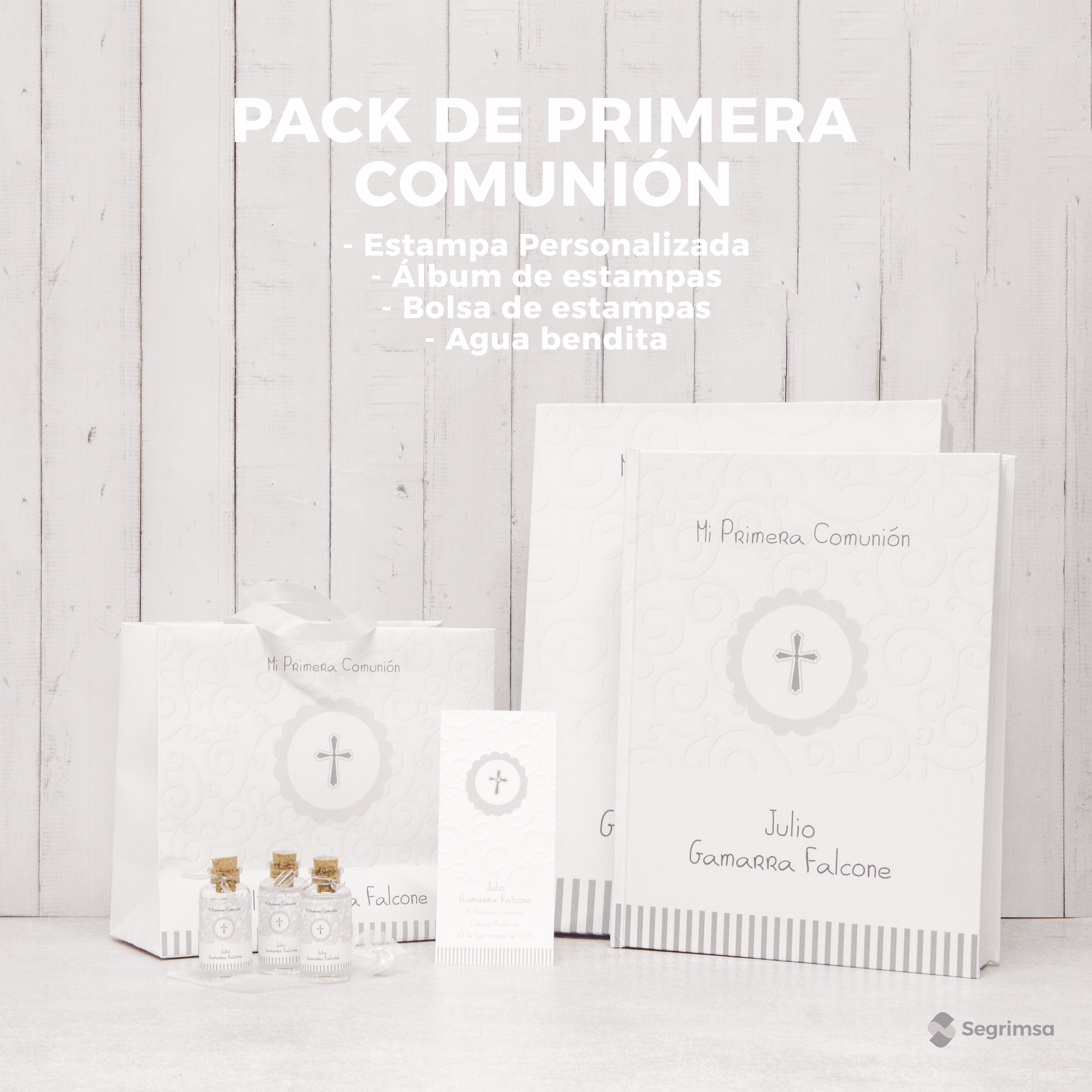 Pack Primera Comunión: Estampas + album de estampas + bolsa personalizada + agua bendita