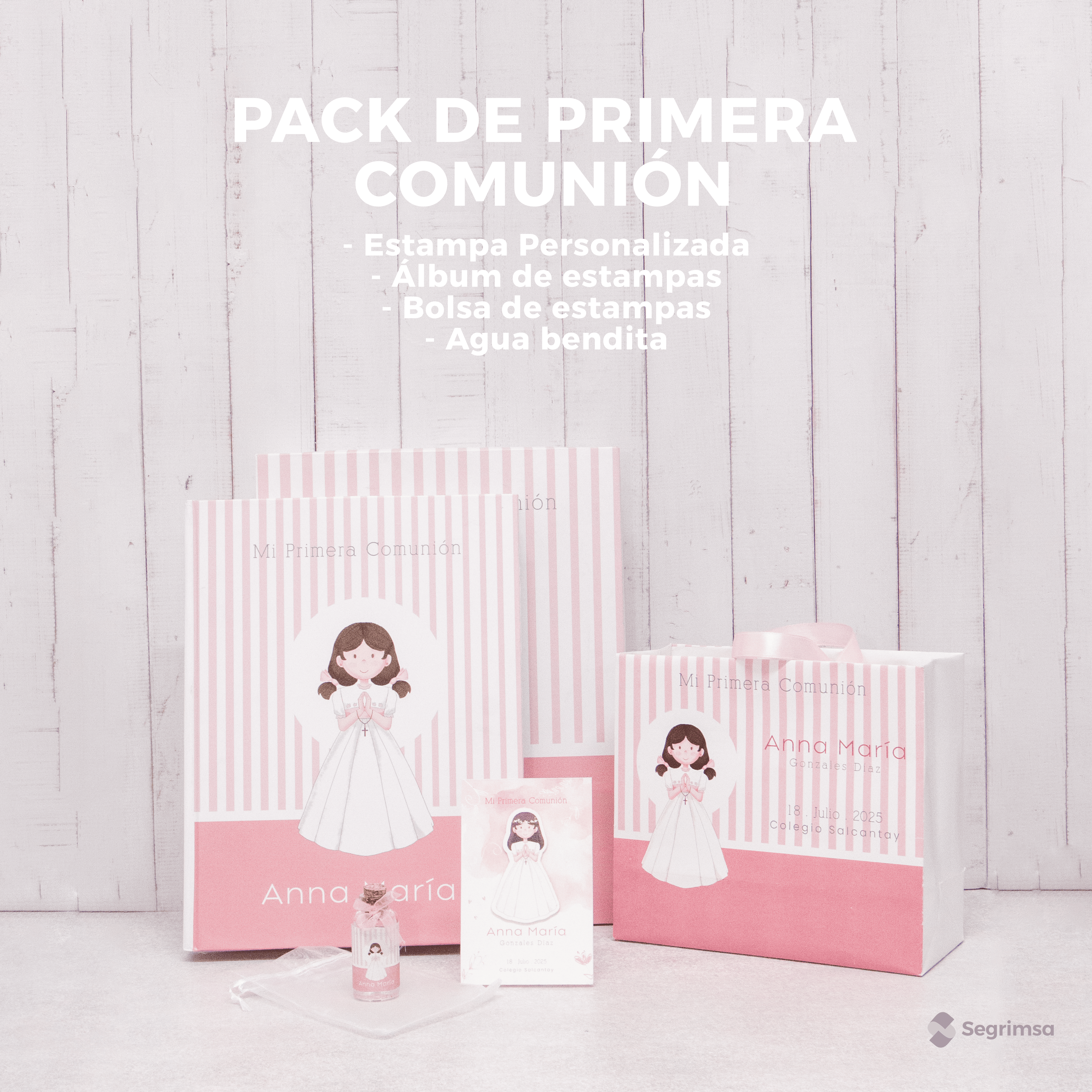 Pack Primera Comunión: Estampas + album de estampas + bolsa personalizada + agua bendita