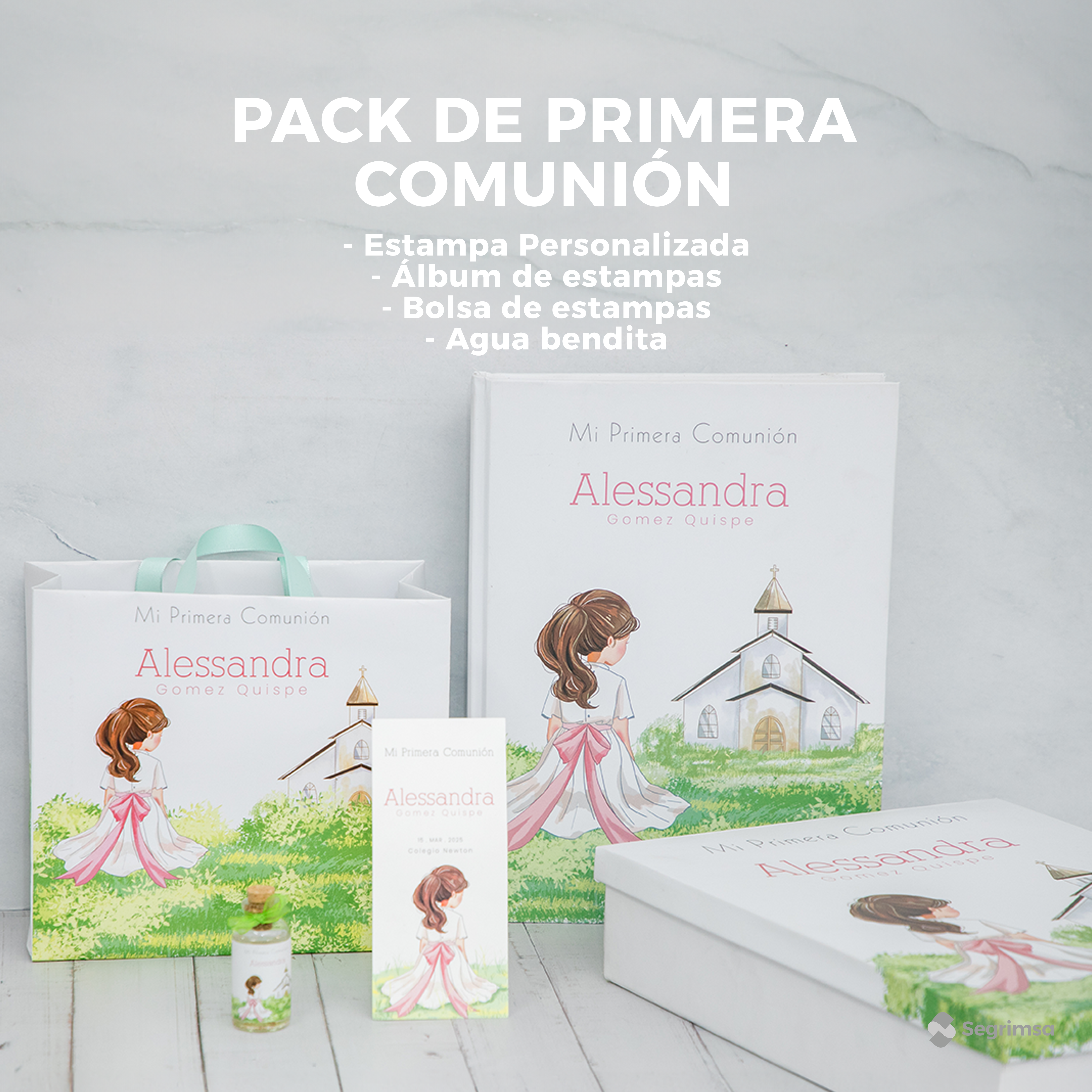 Pack Primera Comunión: Estampas + album de estampas + bolsa personalizada + agua bendita