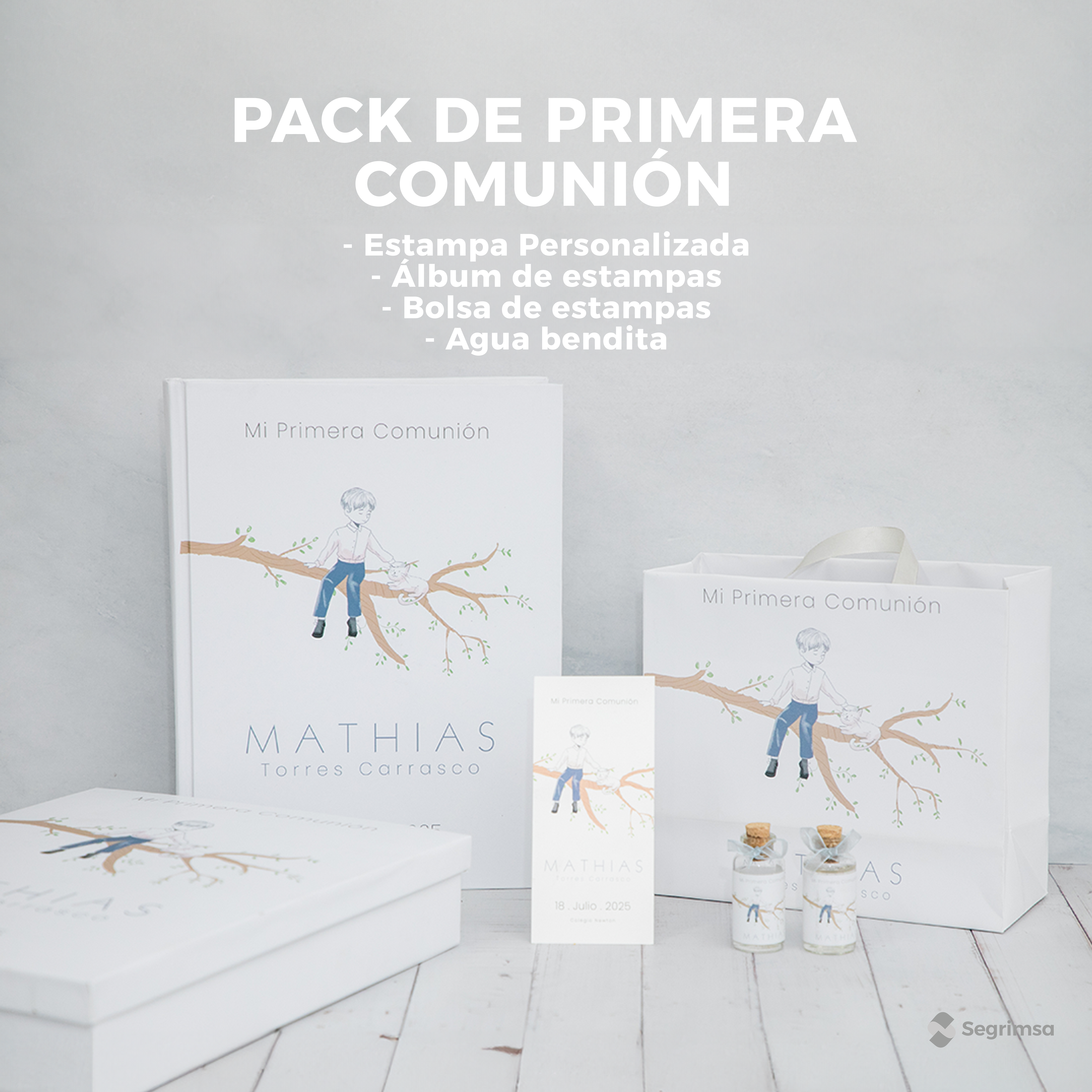 Pack Primera Comunión: Estampas + album de estampas + bolsa personalizada + agua bendita