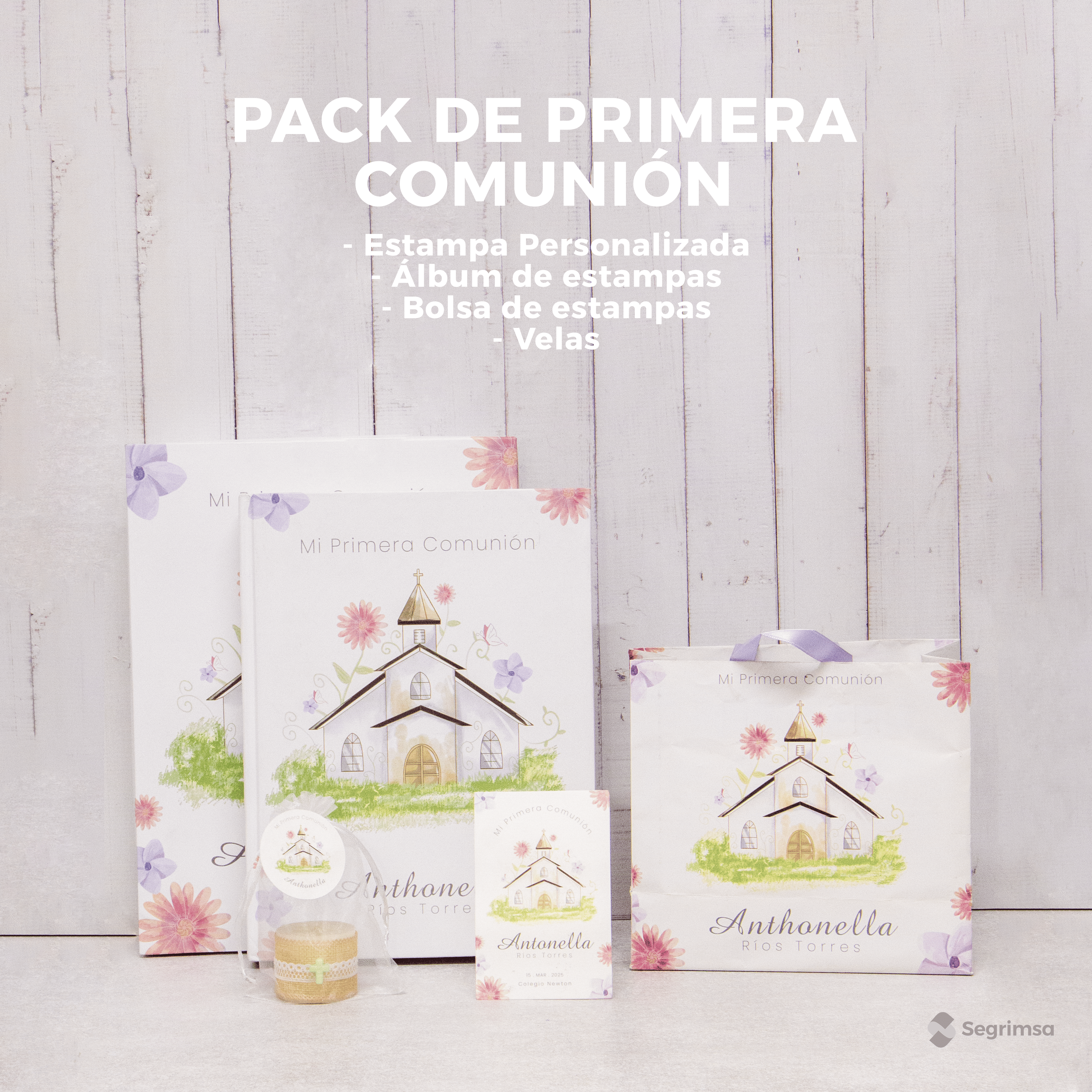 Pack Primera Comunión: Estampas + album de estampas + bolsa personalizada + velas