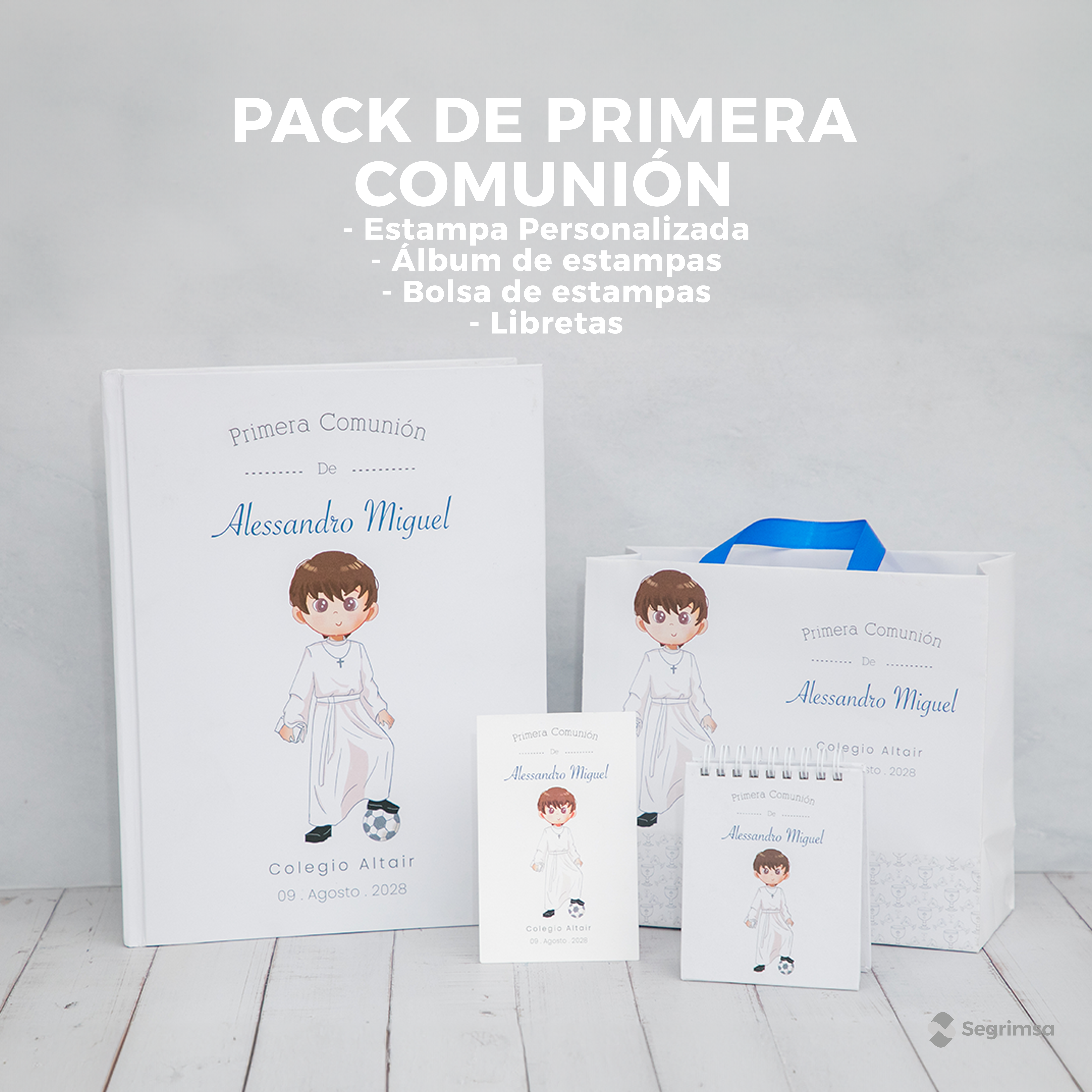 Pack Primera Comunión: Estampas + album de estampas + bolsa personalizada + libretas