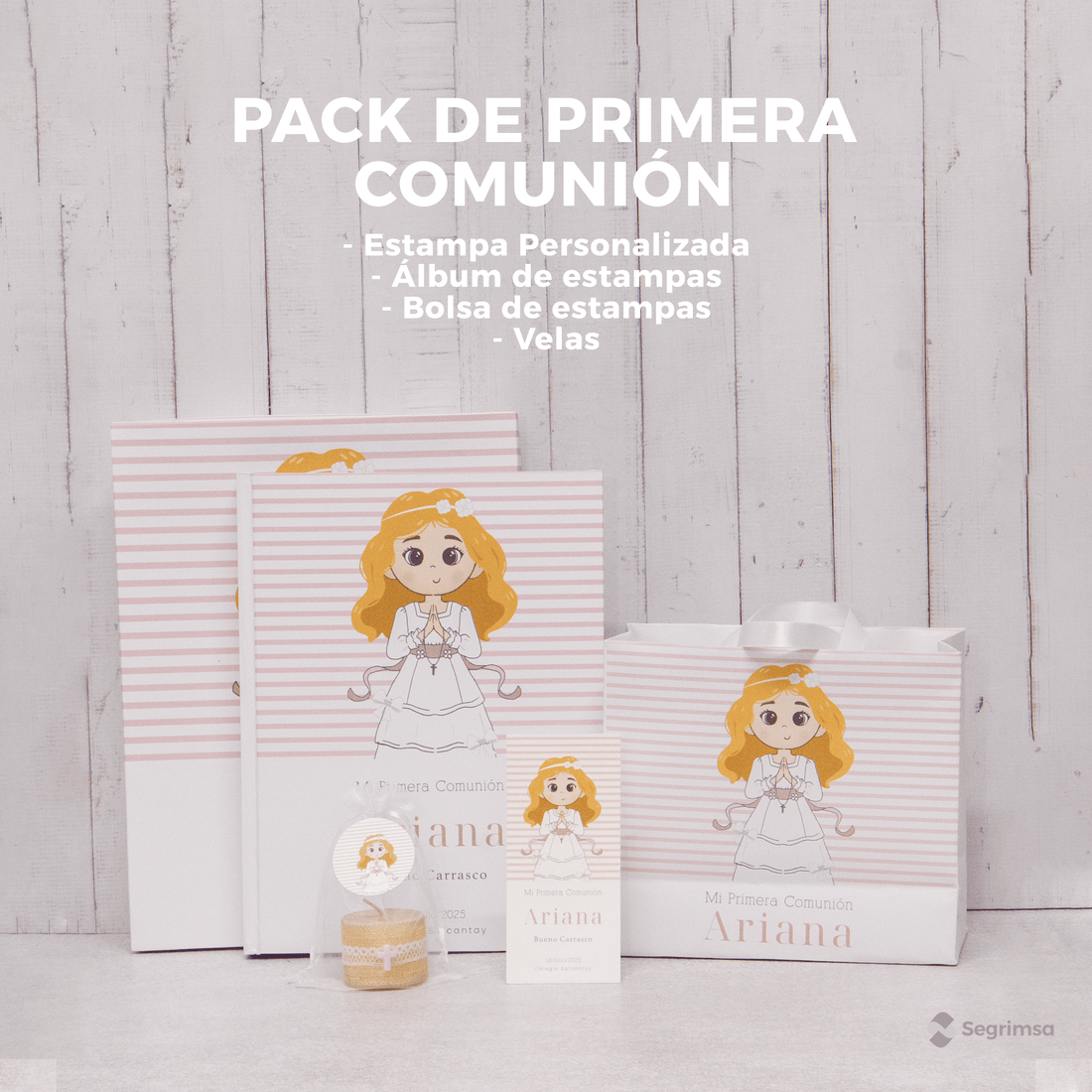 Pack Primera Comunión: Estampas + album de estampas + bolsa personalizada + velas
