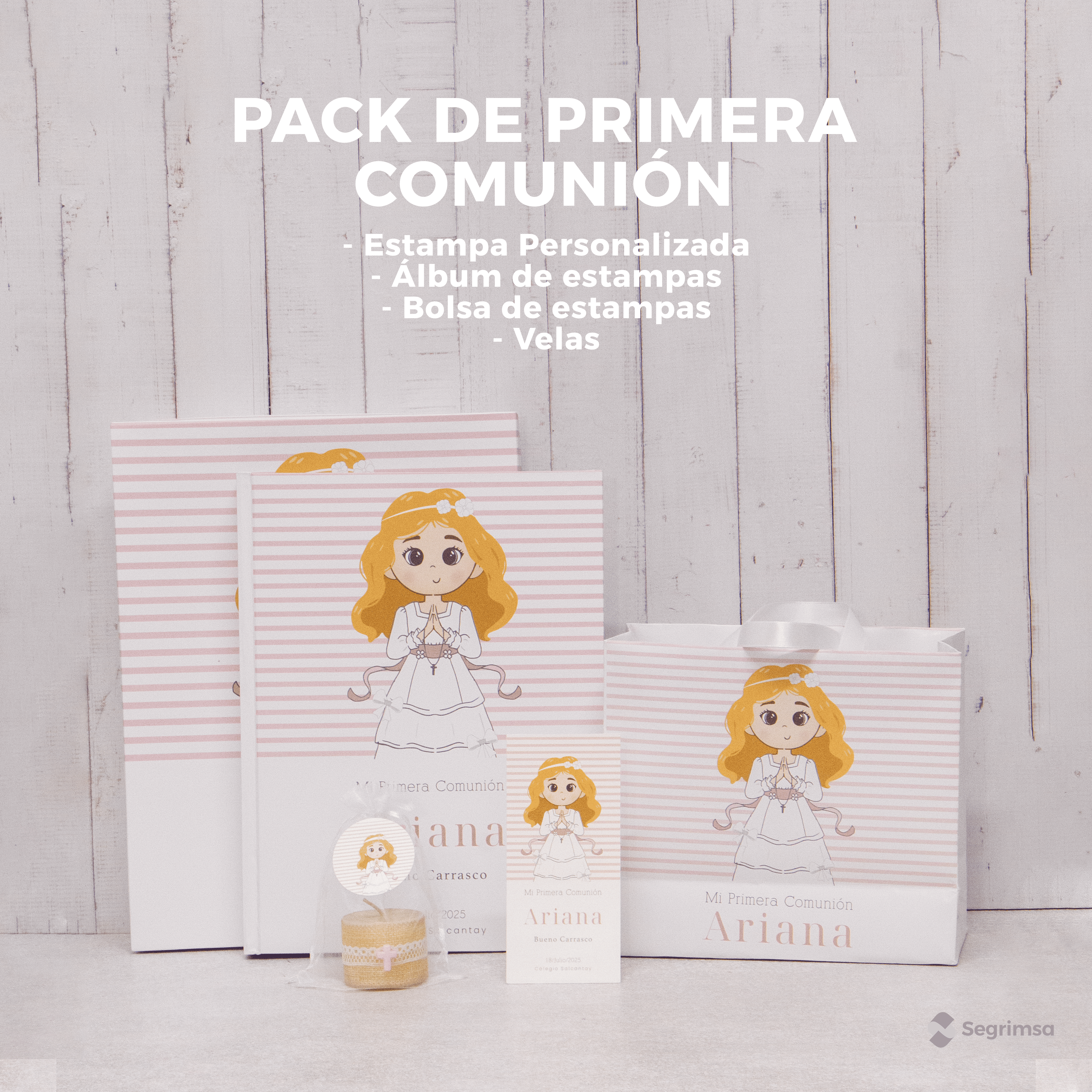 Pack Primera Comunión: Estampas + album de estampas + bolsa personalizada + velas
