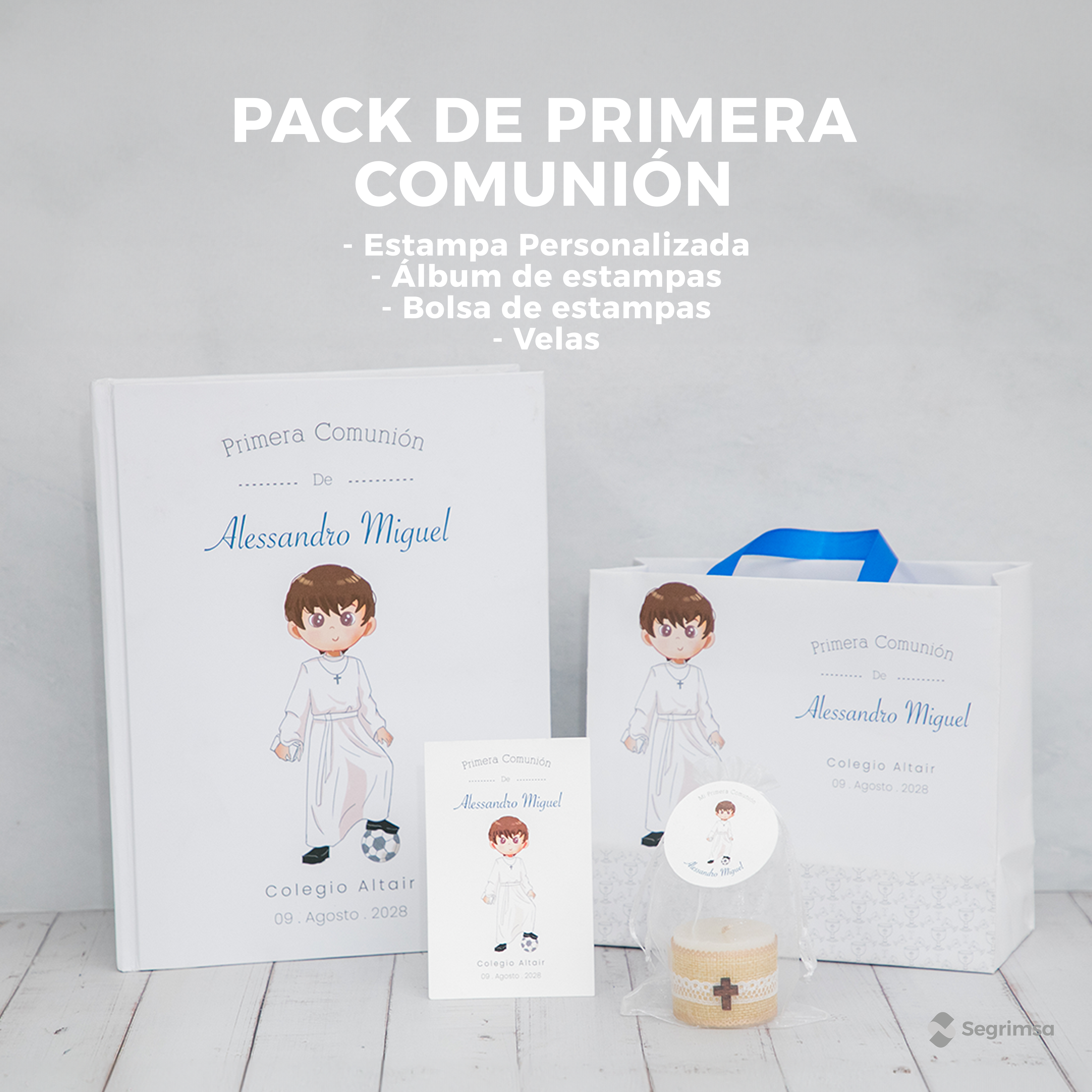 Pack Primera Comunión: Estampas + album de estampas + bolsa personalizada + velas