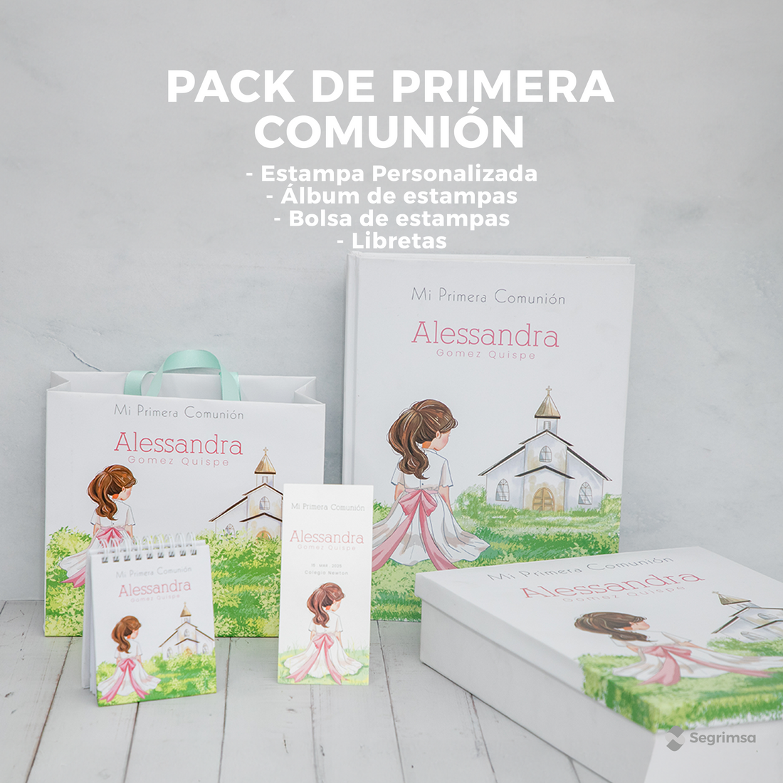 Pack Primera Comunión: Estampas + album de estampas + bolsa personalizada + libretas