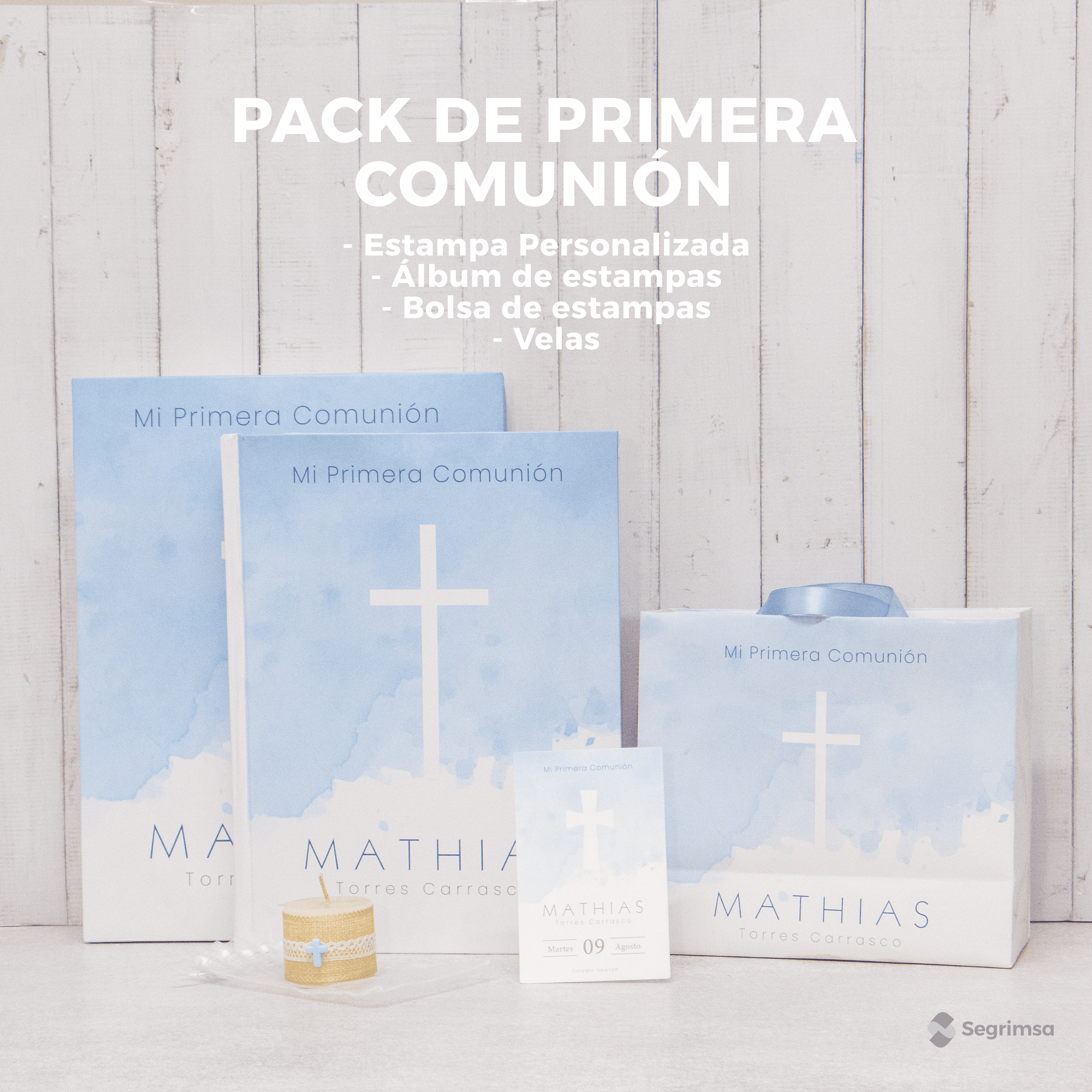 Pack Primera Comunión: Estampas + album de estampas + bolsa personalizada + velas